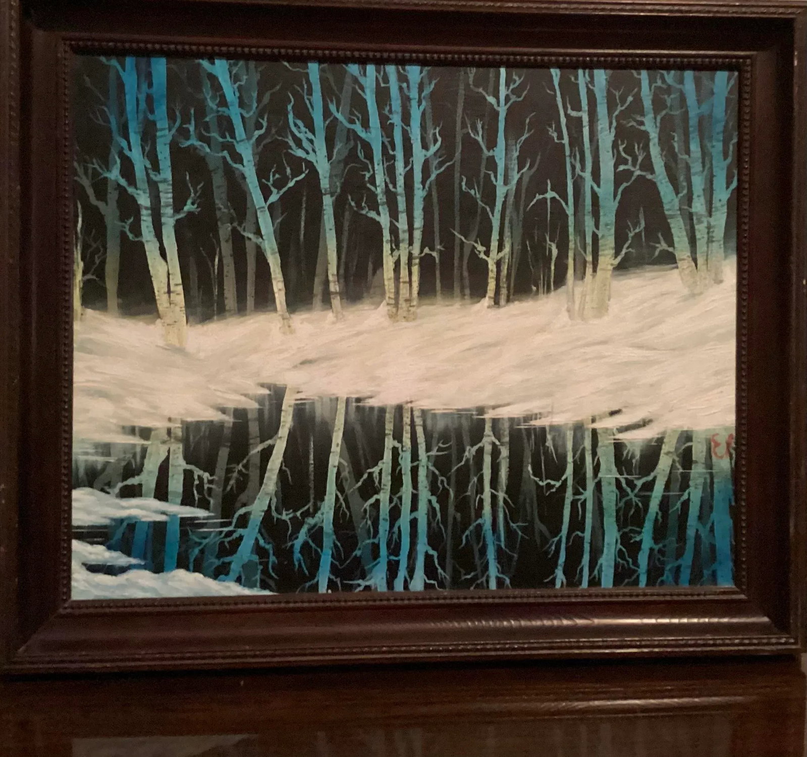 Late 20th Century Original Oil Painting, Landscape of Winter View of Blue Trees, Signed by "e.p." My - 2