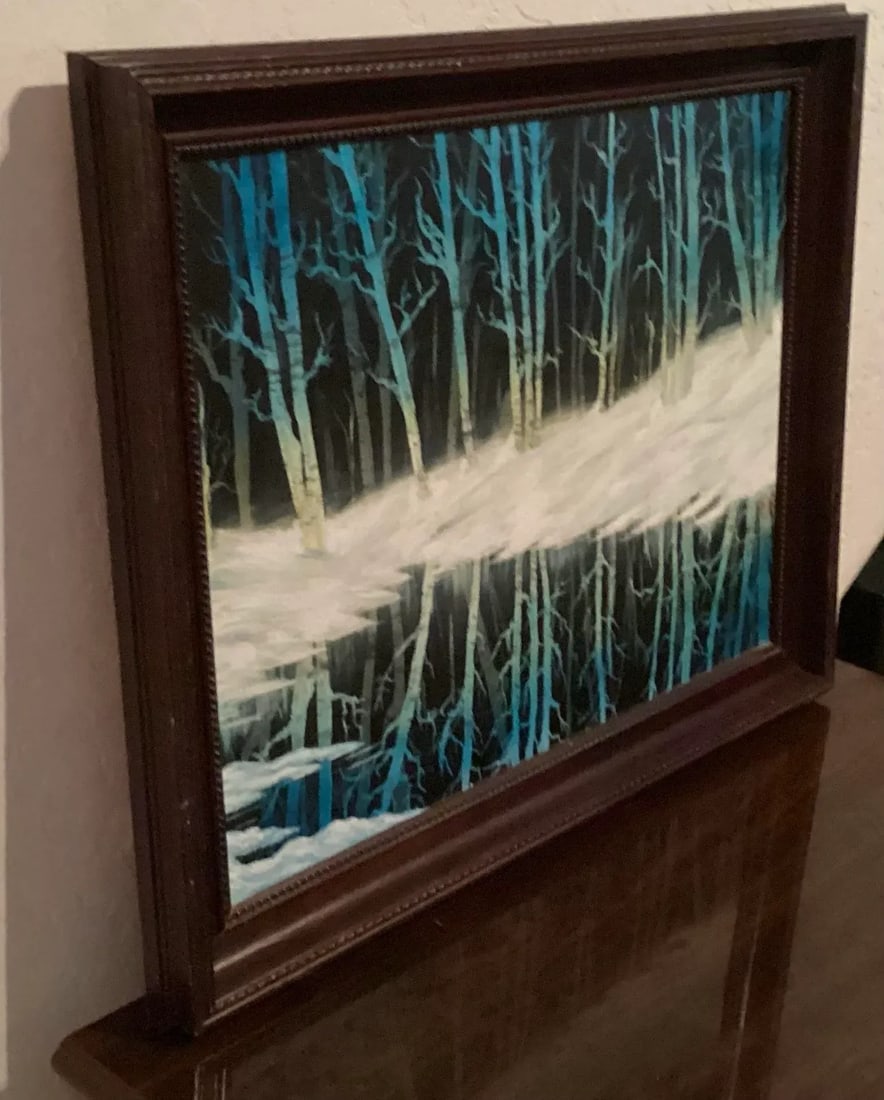Late 20th Century Original Oil Painting, Landscape of Winter View of Blue Trees, Signed by "e.p." My - 3