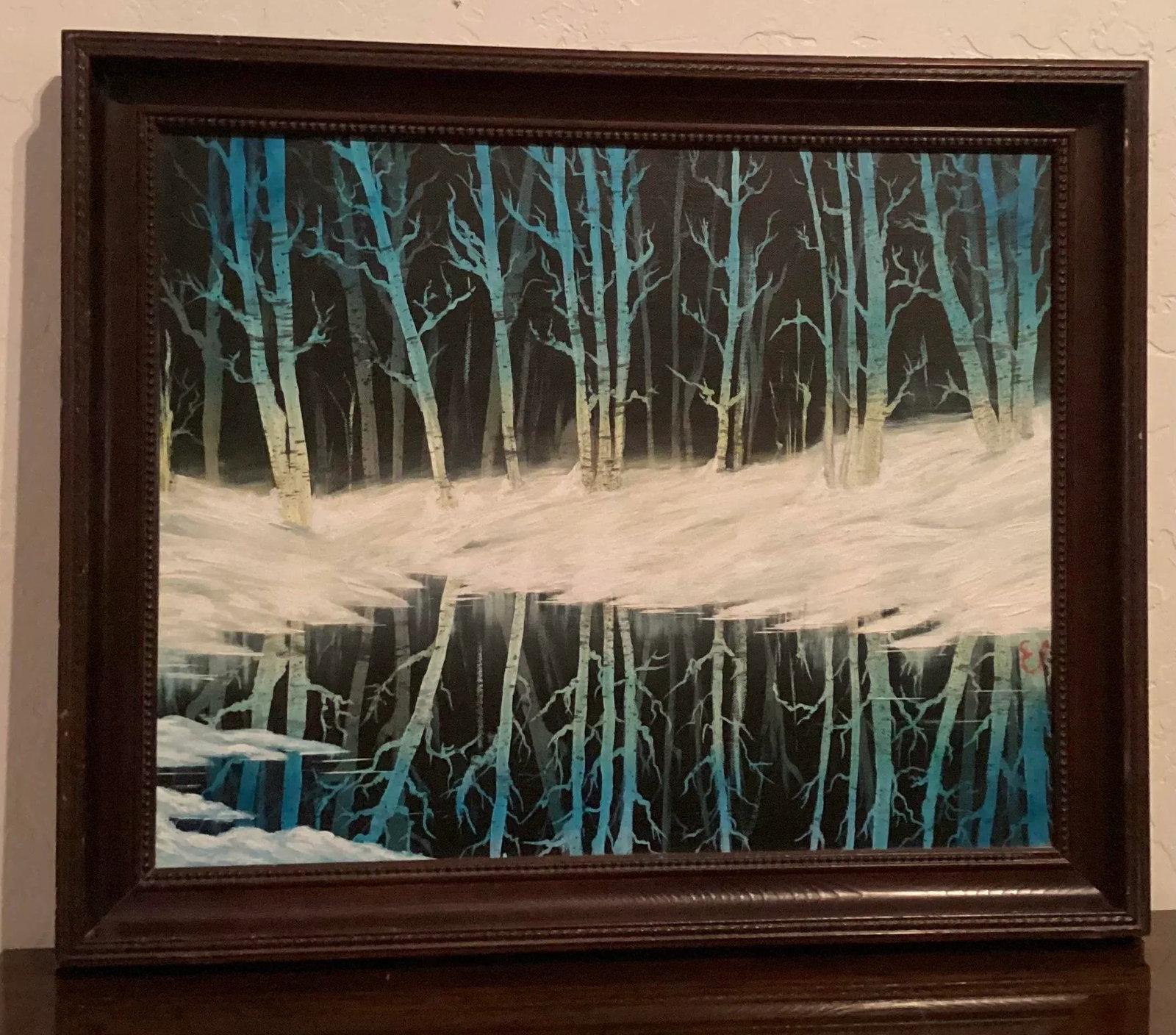 Late 20th Century Original Oil Painting, Landscape of Winter View of Blue Trees, Signed by "e.p." My - 7
