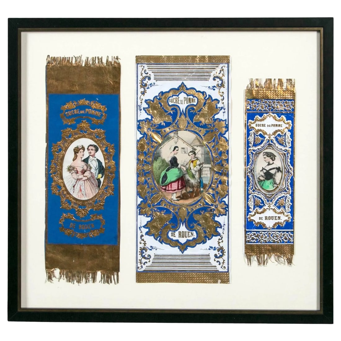 Antique Advertising or Display Banners "Sucre De Pomme," France, Circa 1880: Three antique advertising or display banners "Sucre de Pomme de Rouen", France, circa 1880. Hand colored lithography with gilt detail. "Sucre de Pomme de Rouen" is a French confection founded in