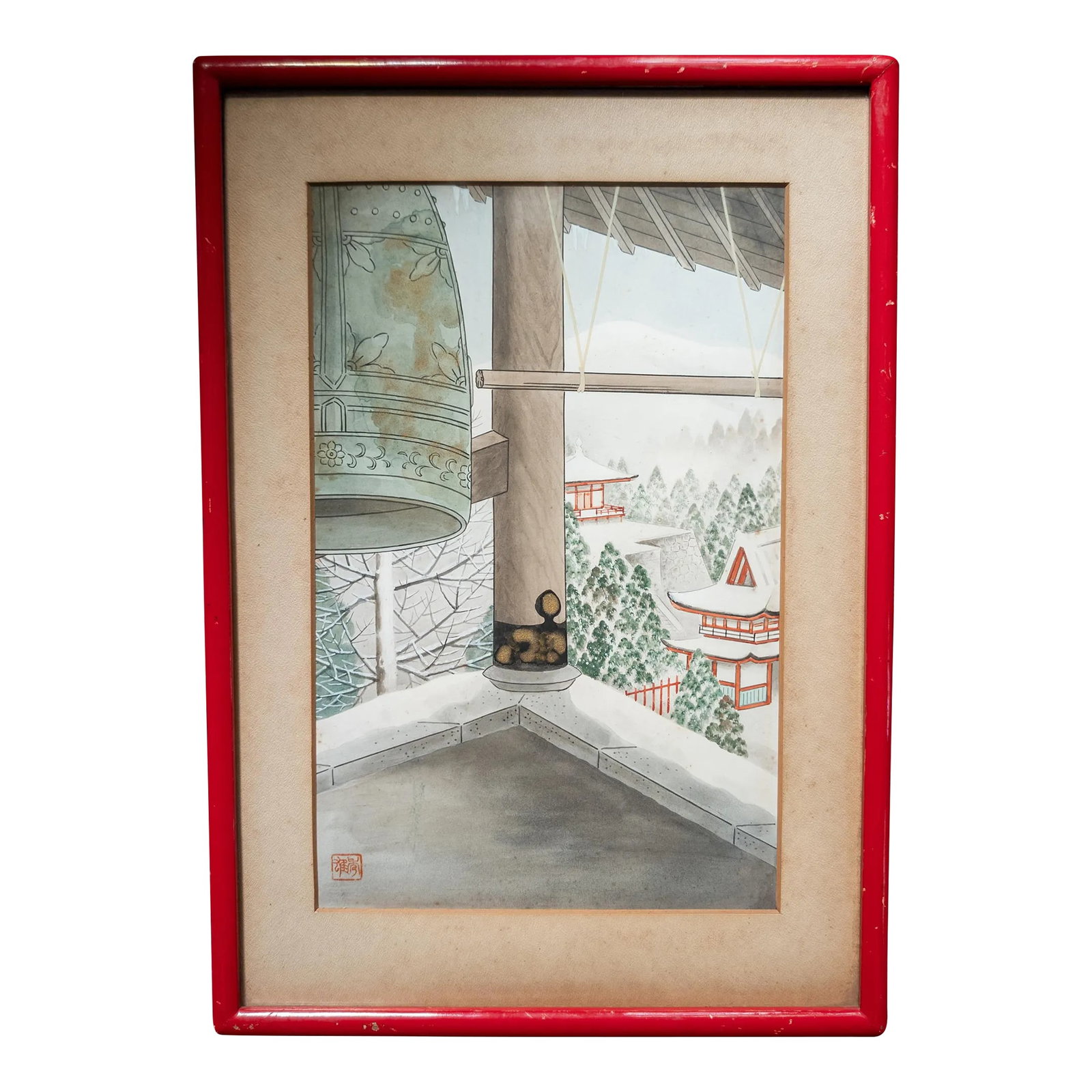 20th Century Japanese Woodblock Style Watercolor Painting of Temple Bell, Signed: We are selling this interesting 20th century Japanese watercolor painting of temple bells that looks like a woodblock. The watercolor is executed on paper and has a seal mark in the lower left with