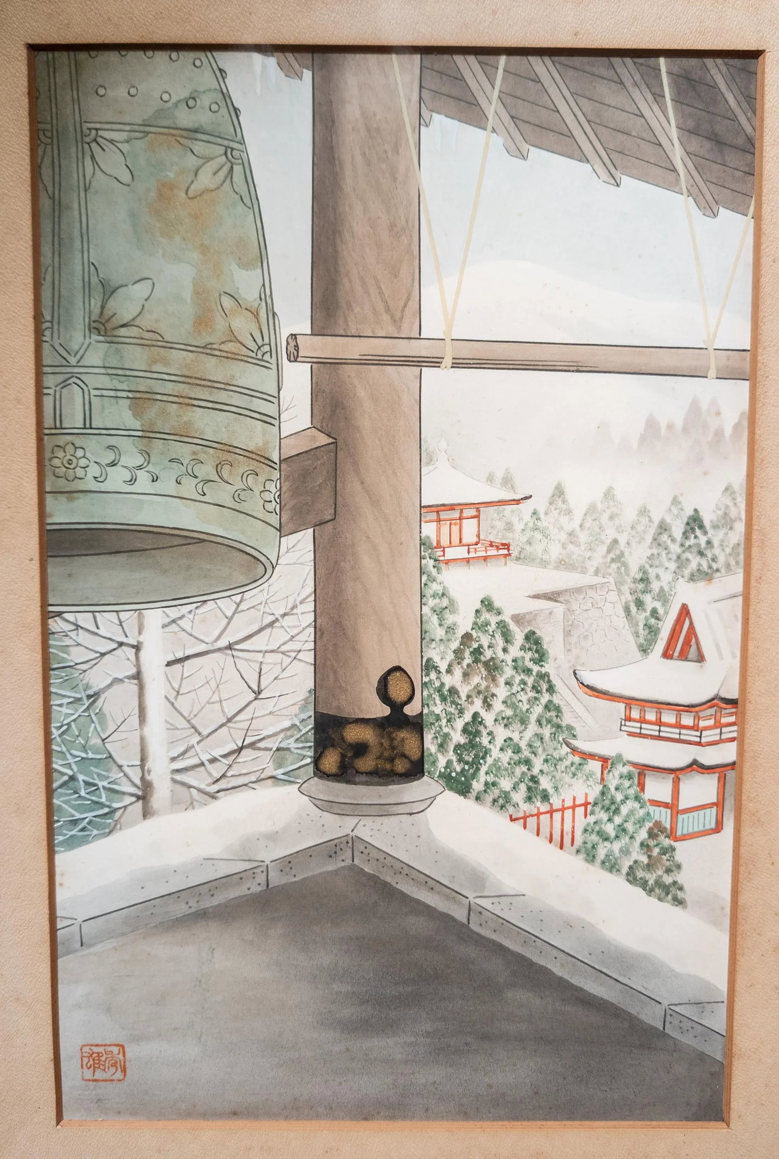 20th Century Japanese Woodblock Style Watercolor Painting of Temple Bell, Signed - 2