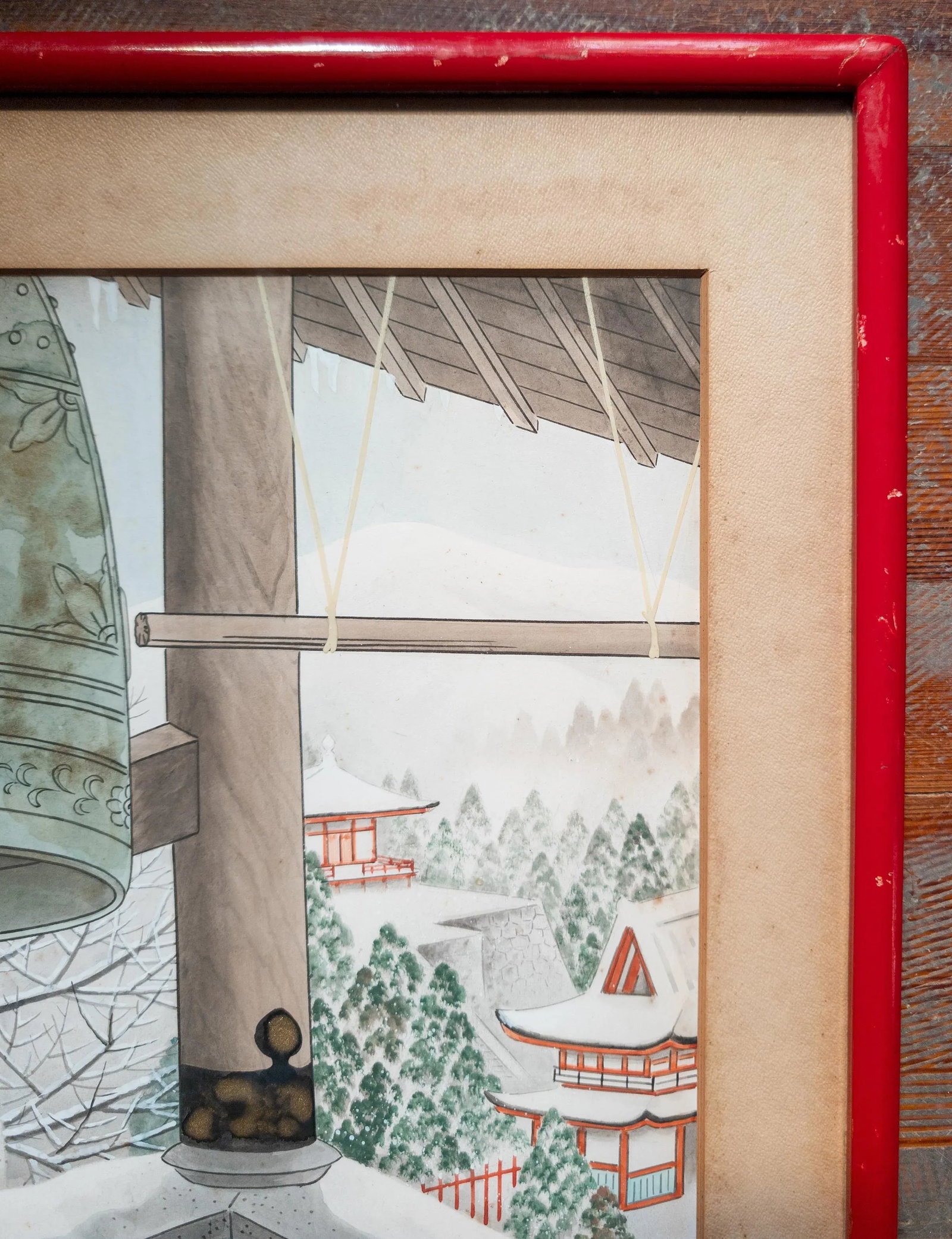 20th Century Japanese Woodblock Style Watercolor Painting of Temple Bell, Signed - 4