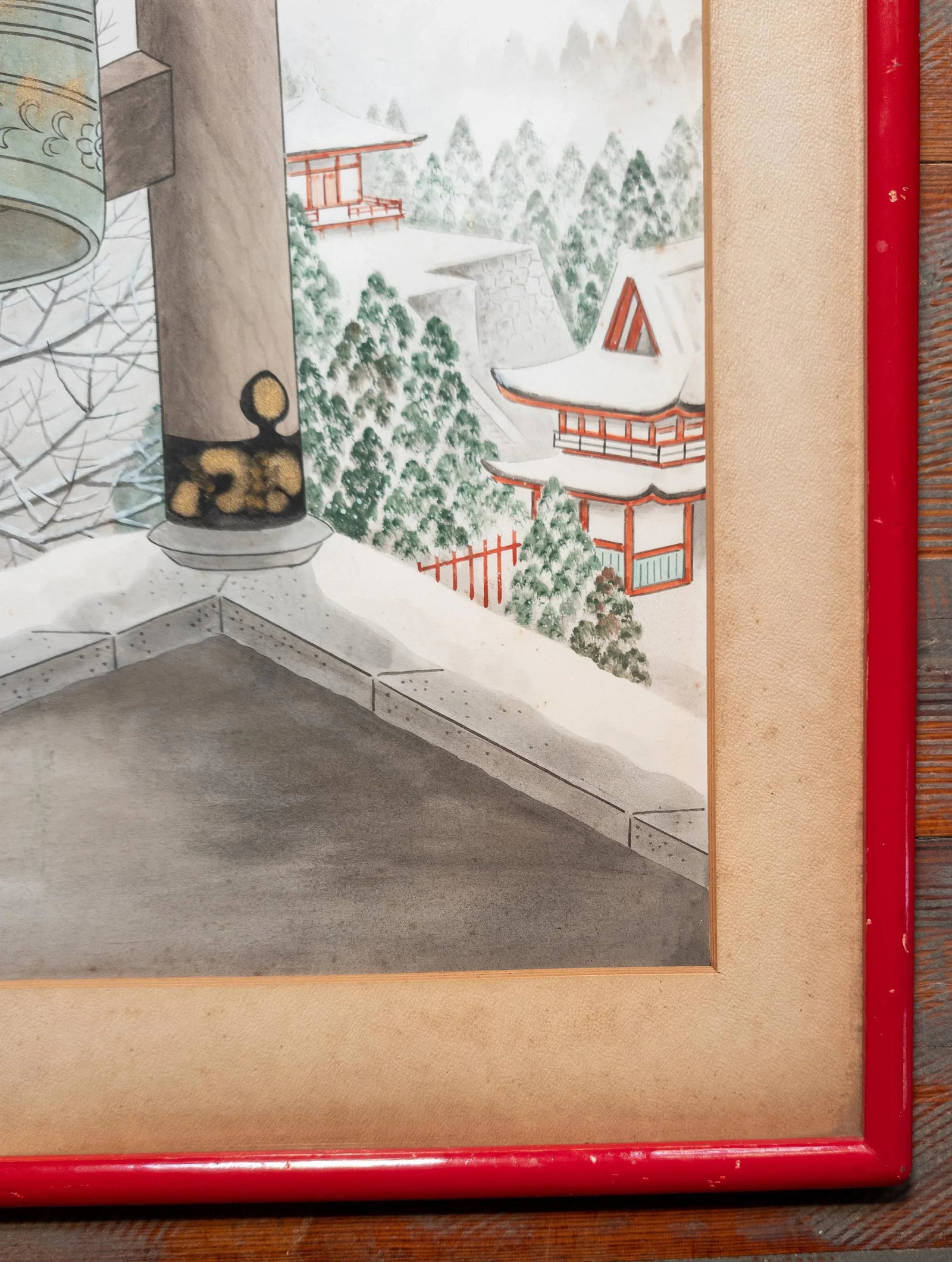 20th Century Japanese Woodblock Style Watercolor Painting of Temple Bell, Signed - 5