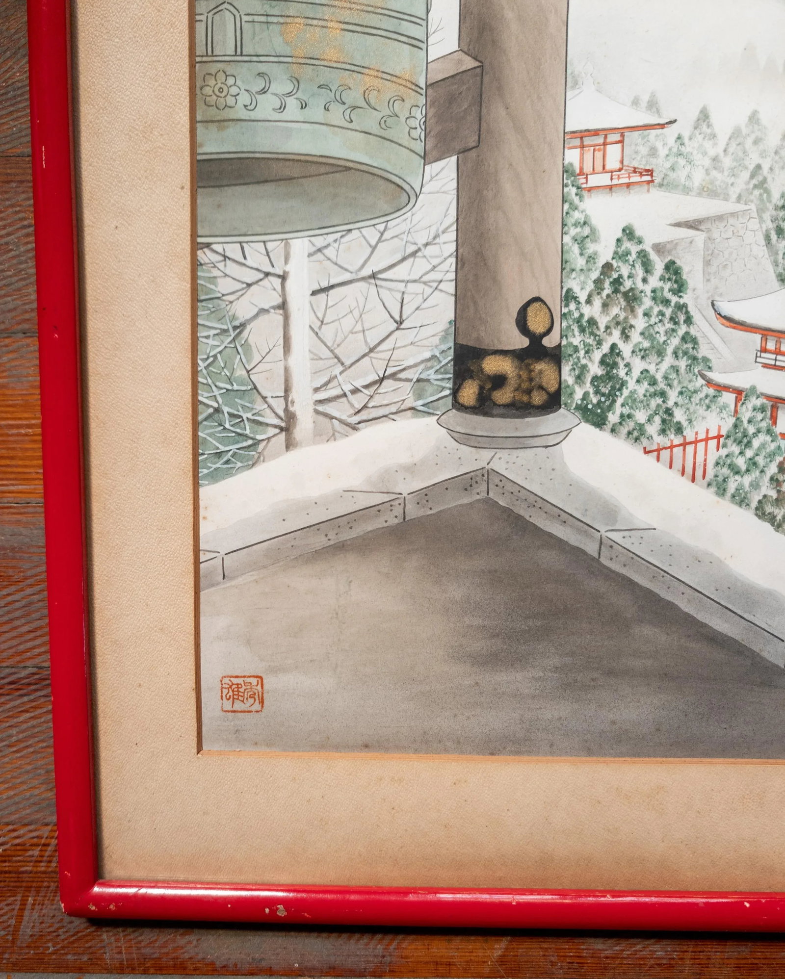 20th Century Japanese Woodblock Style Watercolor Painting of Temple Bell, Signed - 6