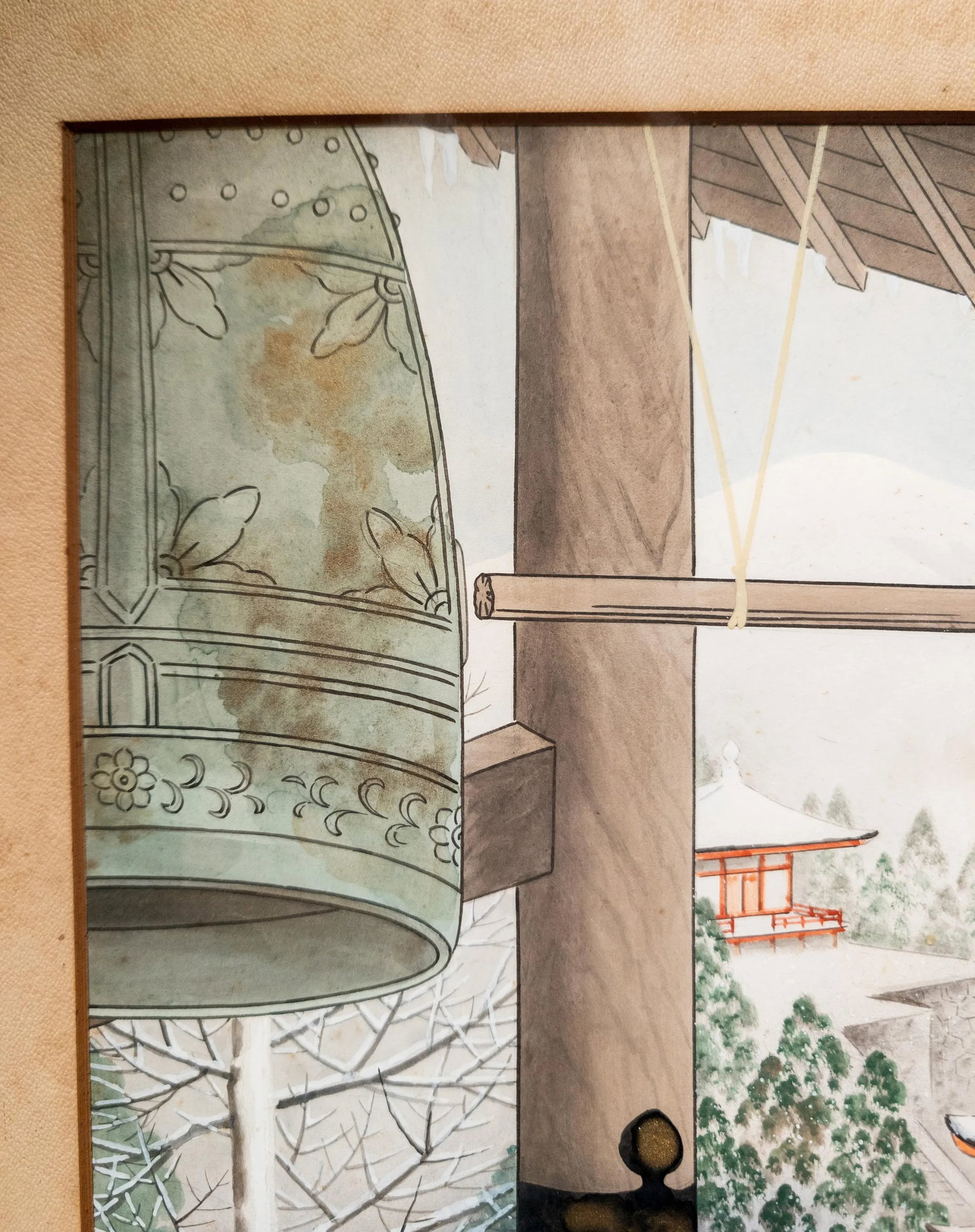20th Century Japanese Woodblock Style Watercolor Painting of Temple Bell, Signed - 7