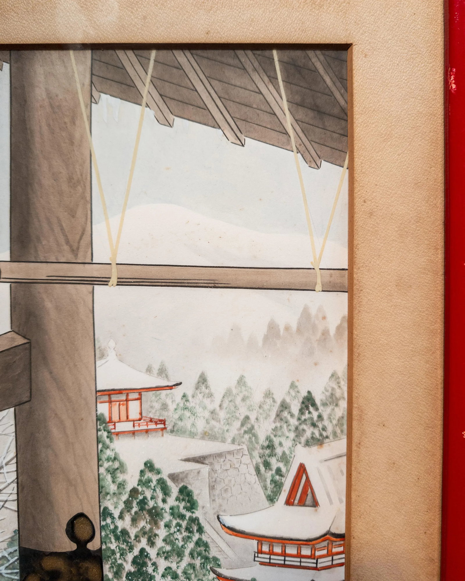 20th Century Japanese Woodblock Style Watercolor Painting of Temple Bell, Signed - 8