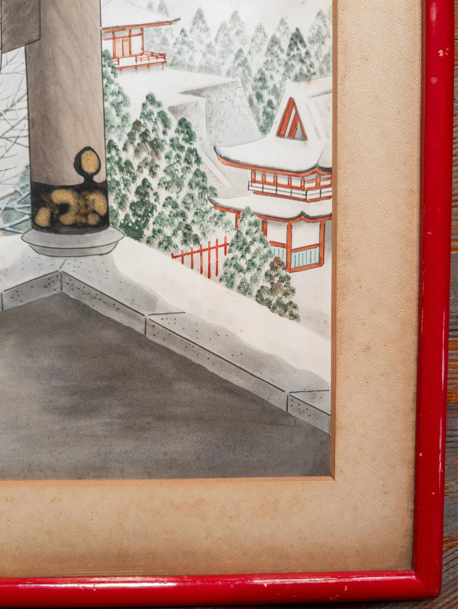 20th Century Japanese Woodblock Style Watercolor Painting of Temple Bell, Signed - 9