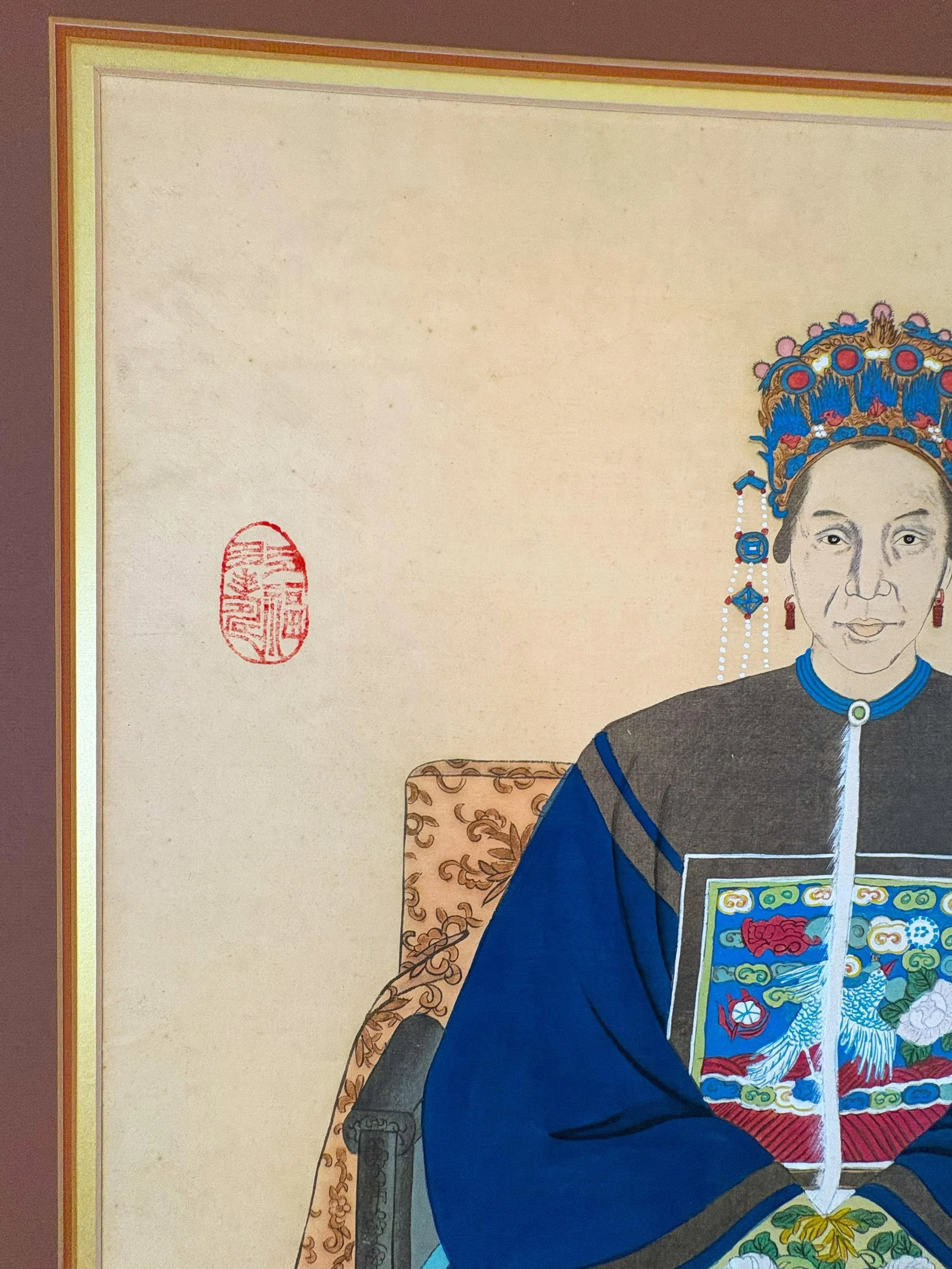 Mid 20th Century Framed Chinese Emperor and Empress Portraits Hand Painted on Silk- A Pair - 10