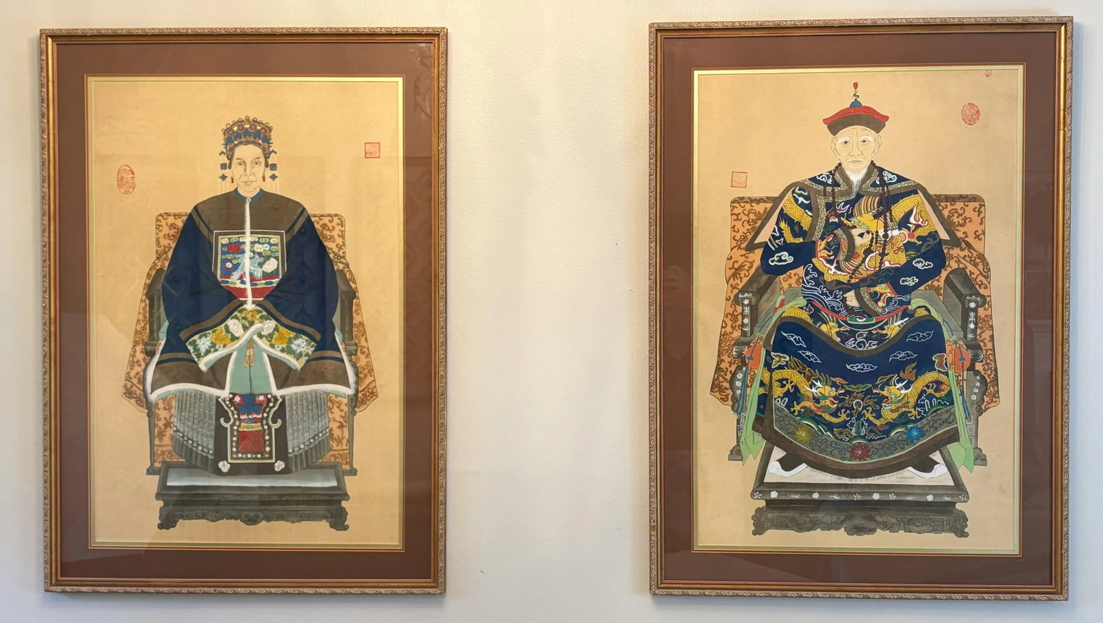 Mid 20th Century Framed Chinese Emperor and Empress Portraits Hand Painted on Silk- A Pair - 15