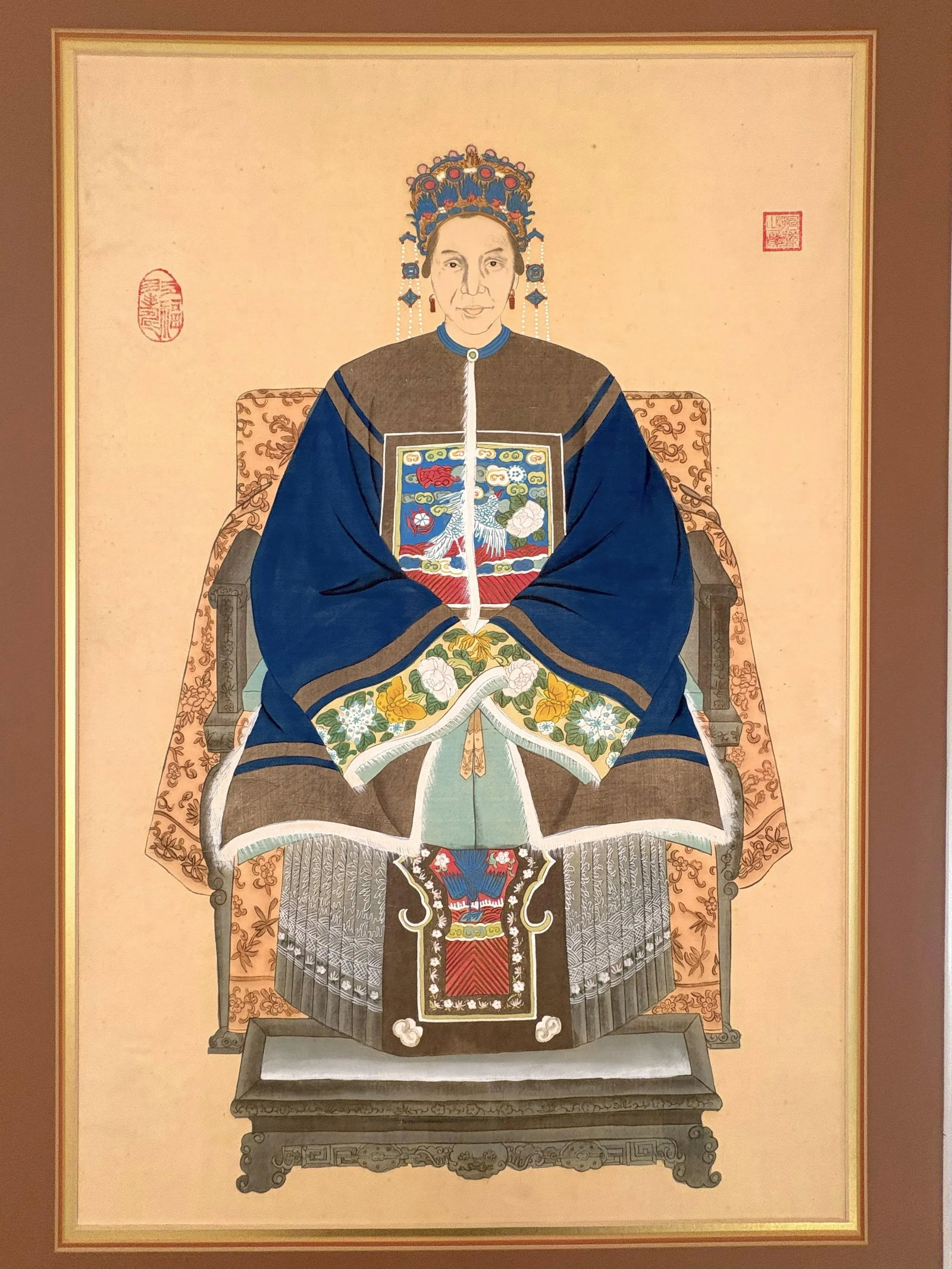 Mid 20th Century Framed Chinese Emperor and Empress Portraits Hand Painted on Silk- A Pair - 2