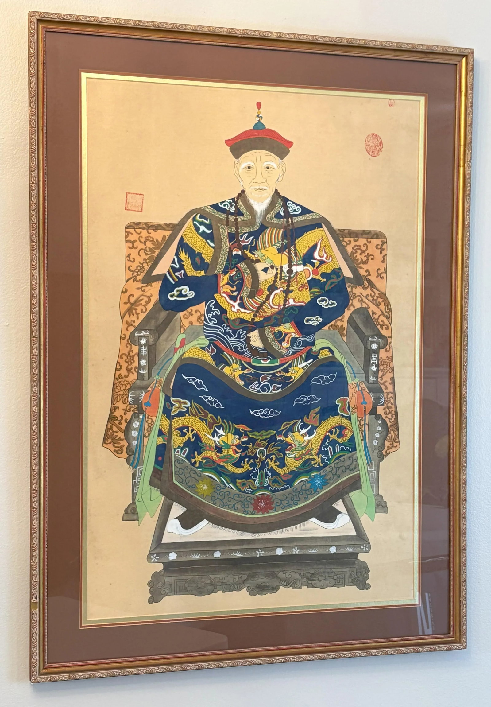 Mid 20th Century Framed Chinese Emperor and Empress Portraits Hand Painted on Silk- A Pair - 3