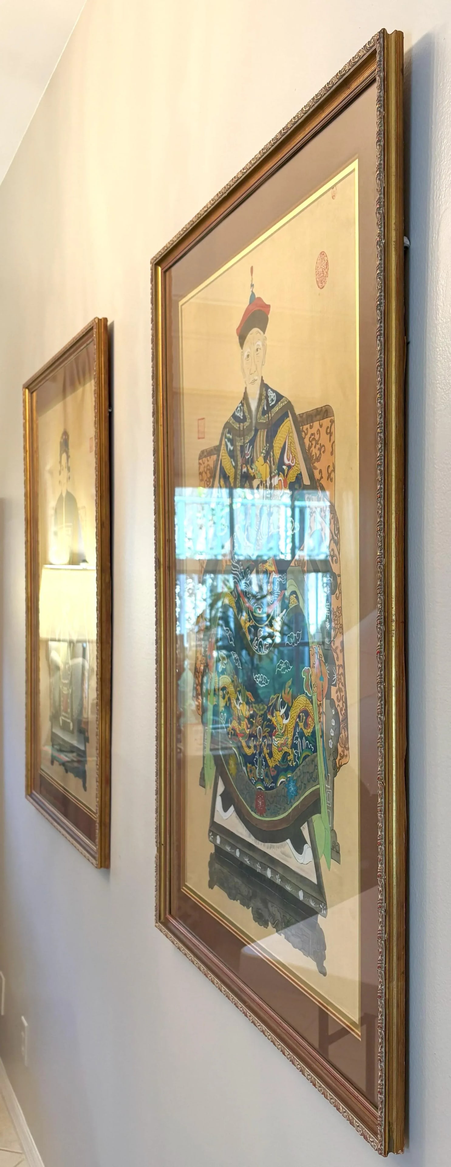 Mid 20th Century Framed Chinese Emperor and Empress Portraits Hand Painted on Silk- A Pair - 4