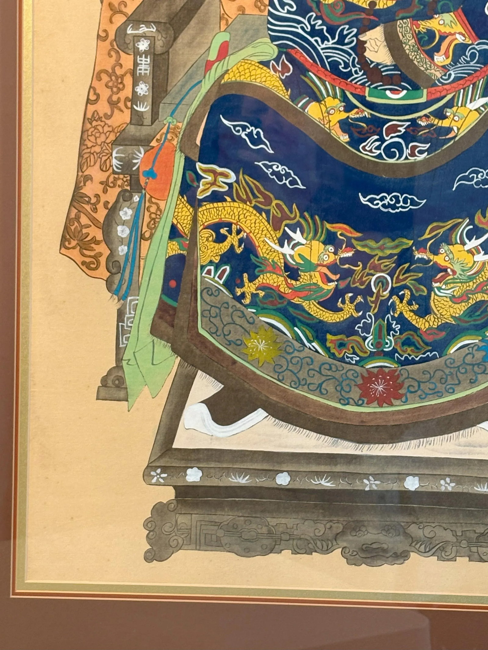 Mid 20th Century Framed Chinese Emperor and Empress Portraits Hand Painted on Silk- A Pair - 8