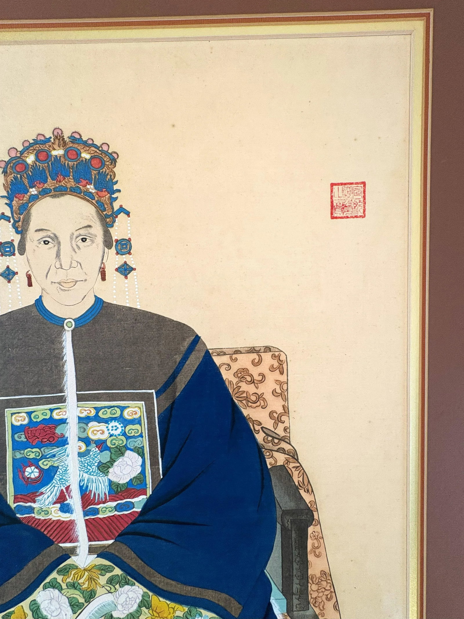 Mid 20th Century Framed Chinese Emperor and Empress Portraits Hand Painted on Silk- A Pair - 9