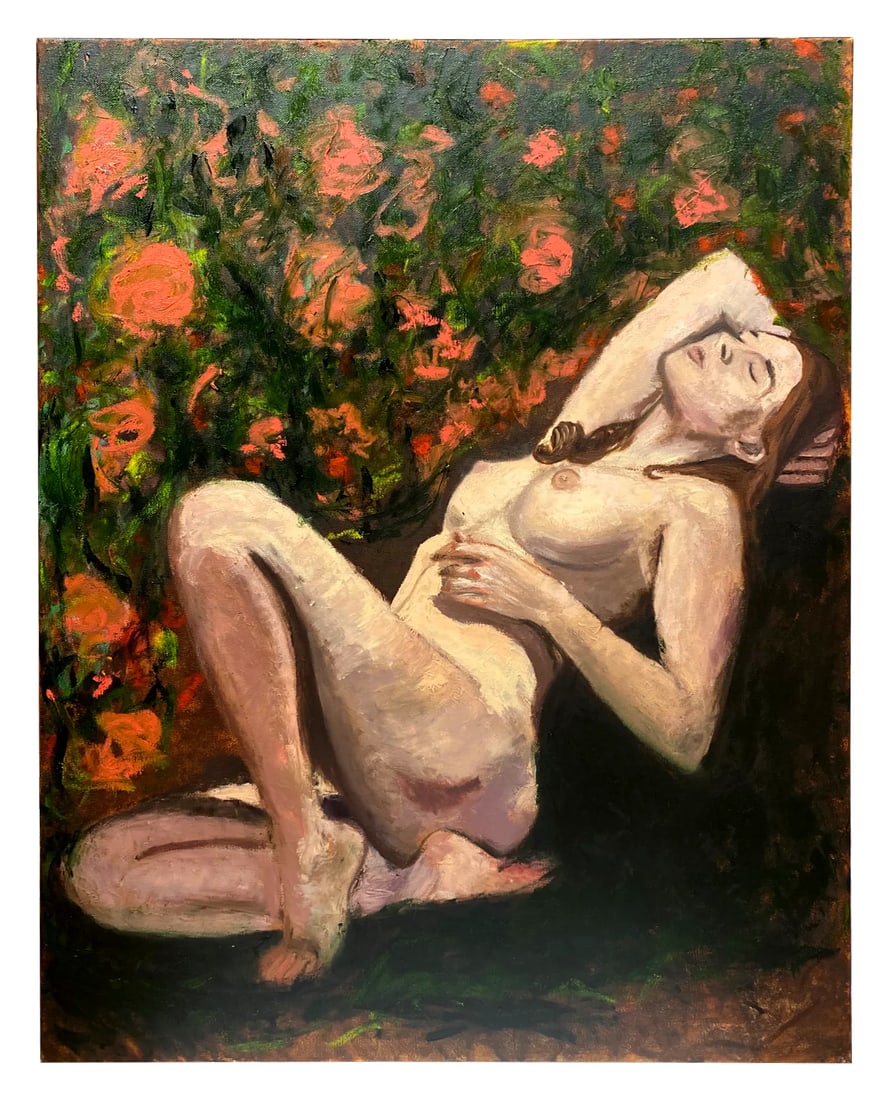 Nude Woman in Flowers: Oil painting of a woman lounging in flowers. Figure in expressive floral background original painting by artist Michelle Collins. Condition: Imperfections: No Imperfections Origin: United States