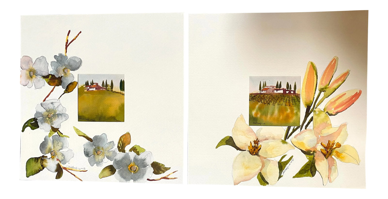 Tuscan Watercolors - A Pair: Pair of charming watercolors I purchased on a visit to Italy. Typical Tuscan scenes with landscapes, architecture and flowers. The matte boards have been hand painted with flowers as well. Unframed.