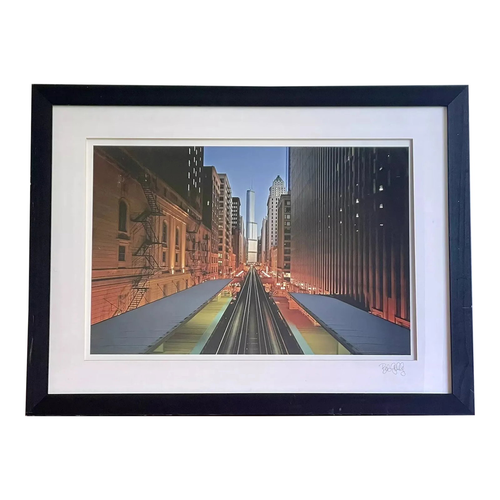 Orig Fine Art Photograph Chicago El Streetscape Photojournalism Framed 36" X 27": PALM BEACH ESTATE FIND!! Fabulous Large Scale original Fine Art color Photograph of an iconic Chicago Cityscape by Bob Gally. Measures 36.5" wide and 27.5" framed and matted. Matte signed. The frame i