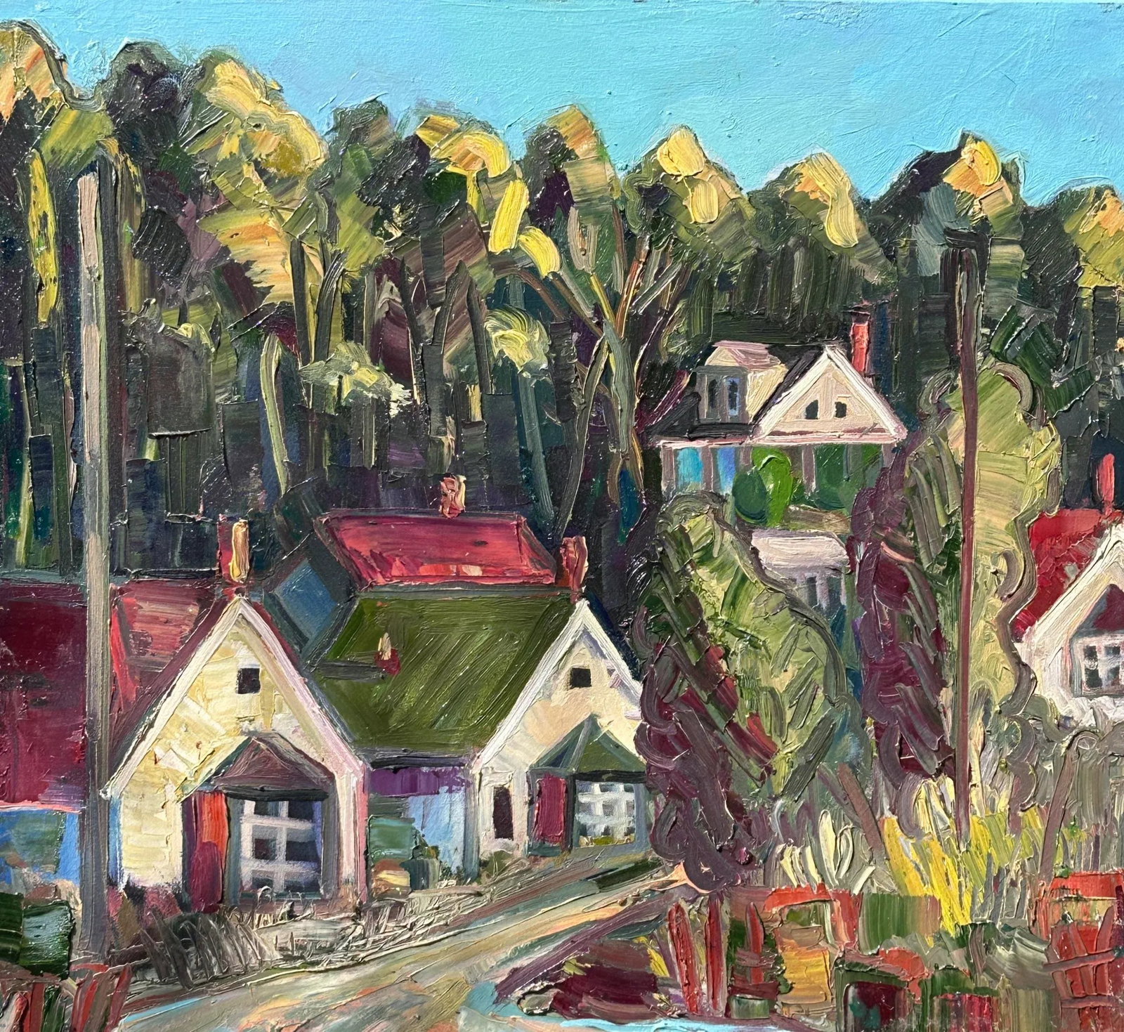 Expressionist California Plein Air Original Oil Painting: A little village of homes against the woods along San Francisco Bay. This 24"x26" oil on artist built stretcher has a rich impasto texture that captures light. Winehaven, a closed down wine storage fa