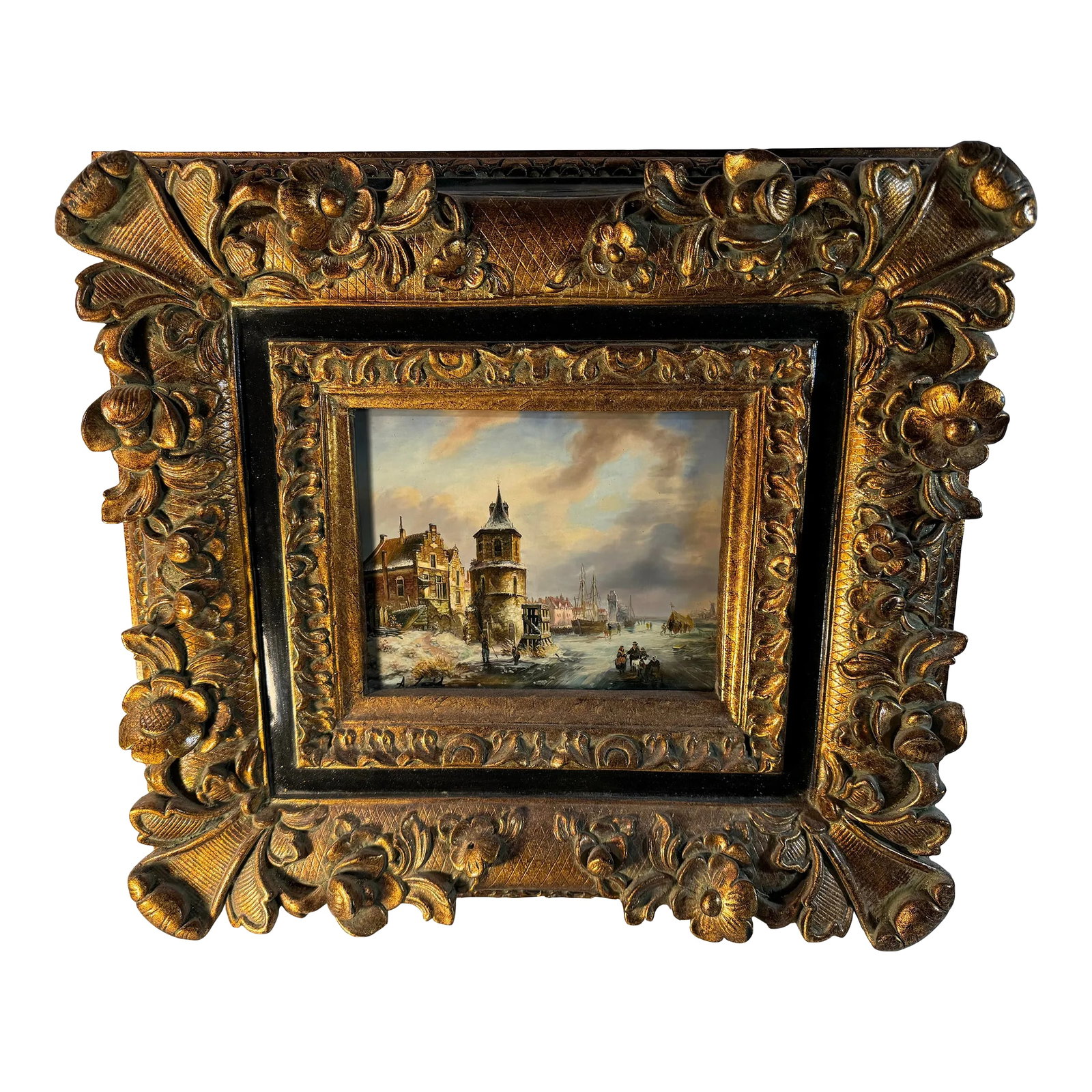 Ann Coleman Ladd Original Oil Painting Dutch Winter Scene Gilt Frame: Ann Coleman Ladd original oil on panel painting. Beautiful gilt wood gesso frame. Image is a Dutch winter scene. Painted near 1900. She is best known for her bronze sculptures, but dabbled in many med