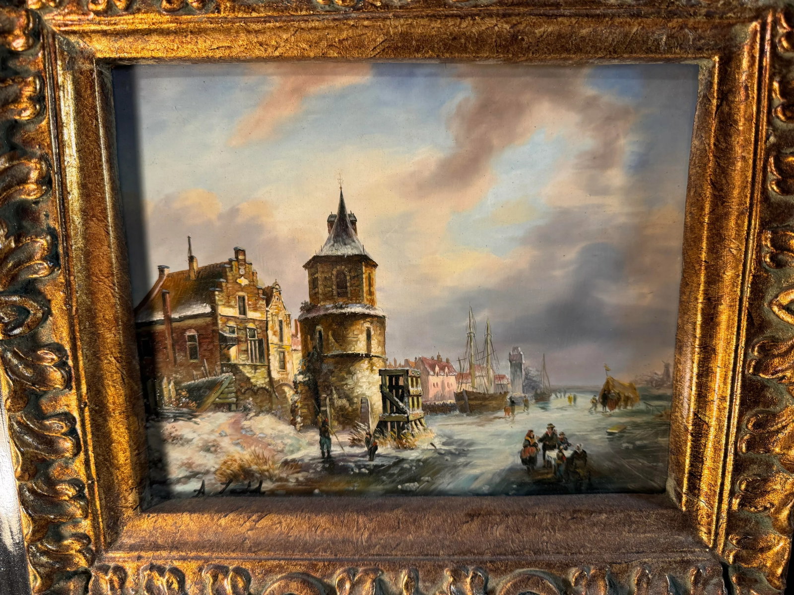 Ann Coleman Ladd Original Oil Painting Dutch Winter Scene Gilt Frame - 4