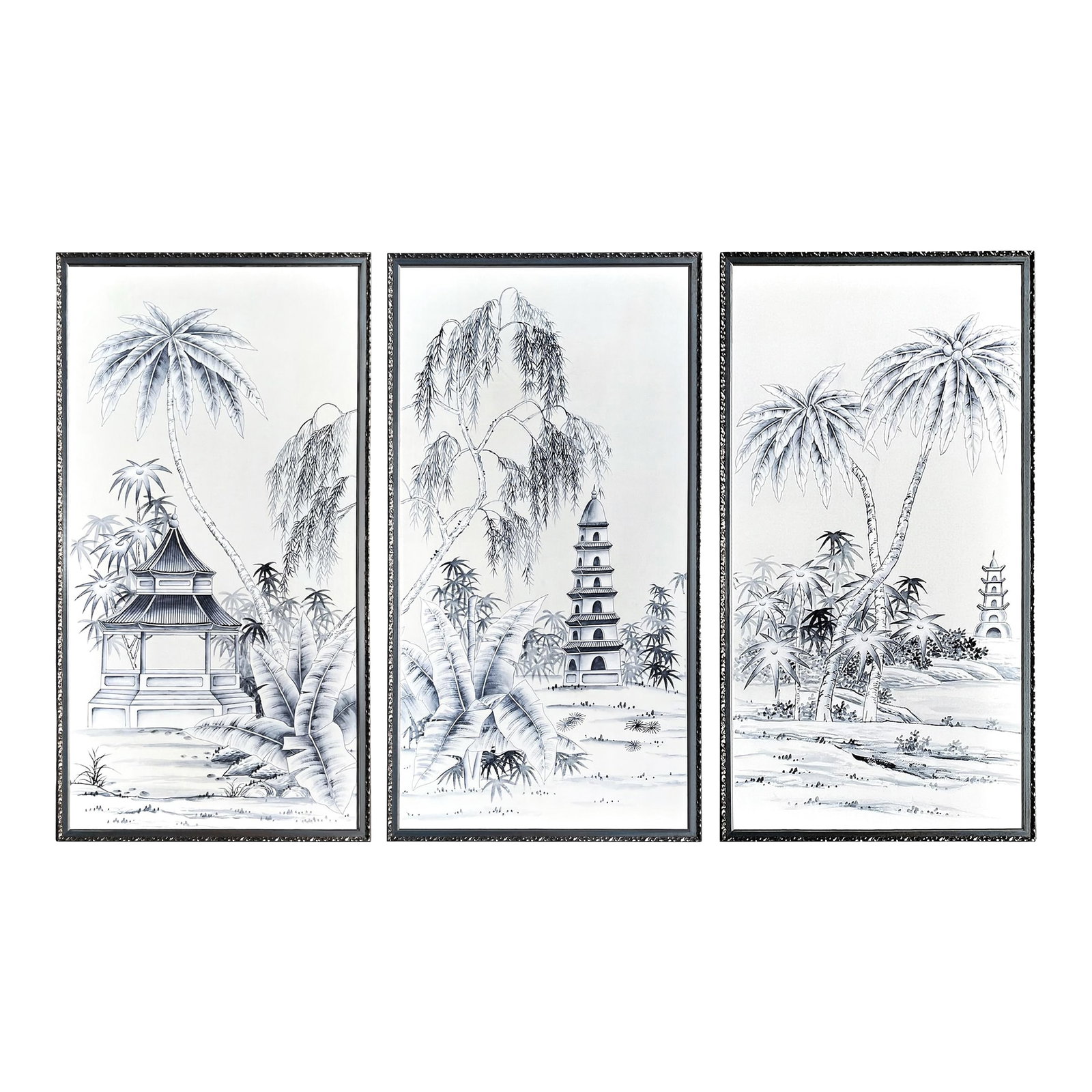 Blue & White "Pagoda Garden" Paintings on Silk, a Triptych, Set of 3: Hand-painted on pearl white silk, this triptych (Set/3) of traditional Chinoiserie panels feature pagodas nestled in a lush garden of willows and palms rendered entirely in blue and white. Framed in