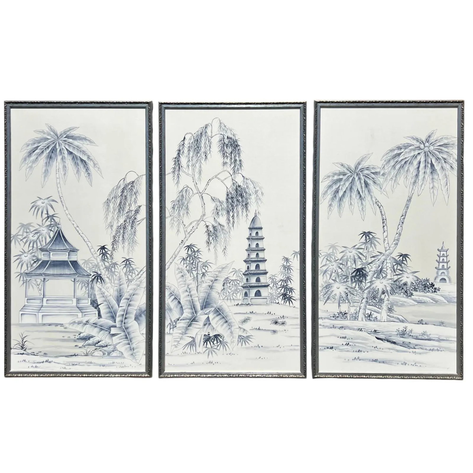 Blue & White "Pagoda Garden" Paintings on Silk, a Triptych, Set of 3 - 2