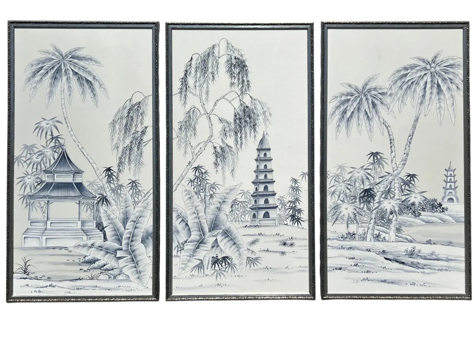 Blue & White "Pagoda Garden" Paintings on Silk, a Triptych, Set of 3 - 4