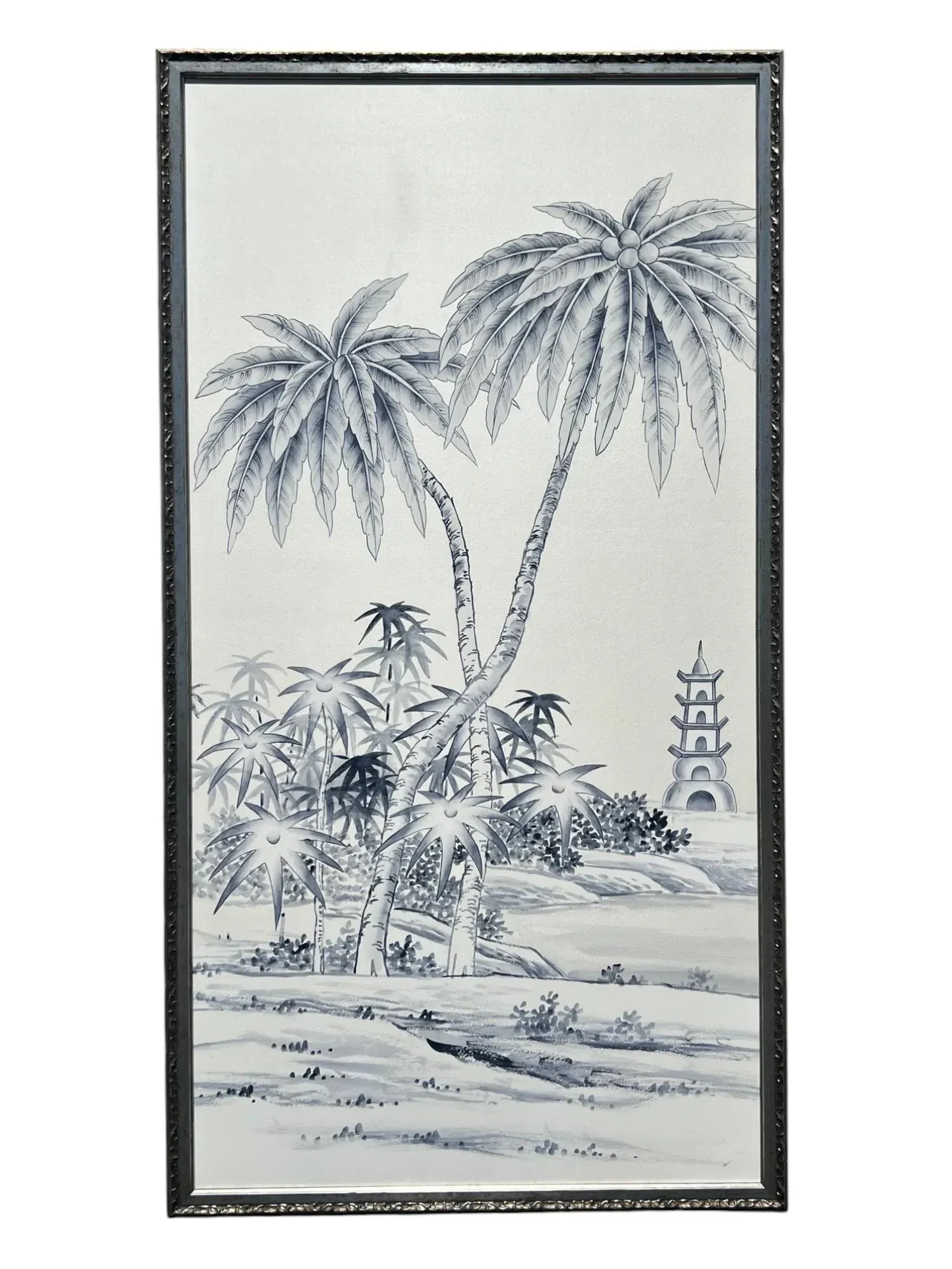 Blue & White "Pagoda Garden" Paintings on Silk, a Triptych, Set of 3 - 5