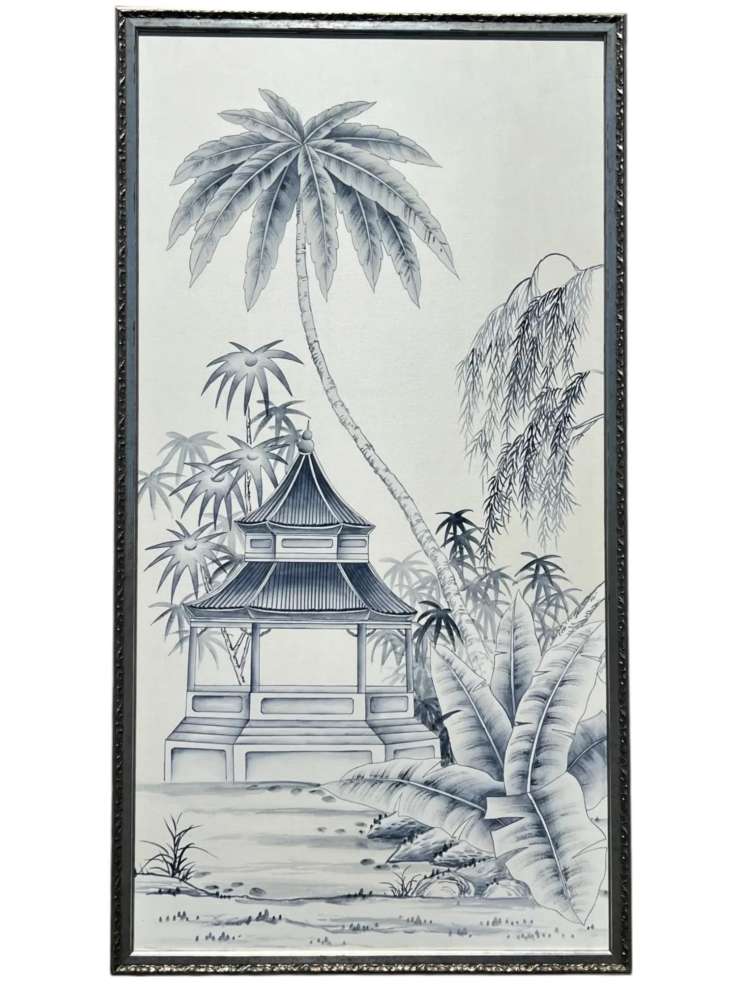 Blue & White "Pagoda Garden" Paintings on Silk, a Triptych, Set of 3 - 6