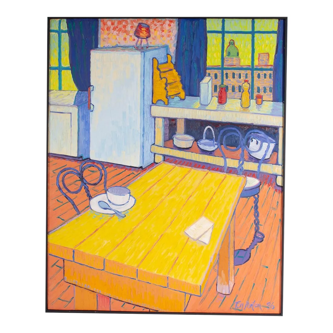 1996 "Studio" Oil on Board Painting by Tom Porter: A 1996 painting by the American artist Tom Porter (born 1948). Titled Studio, the painting depicts a room furnished with a table and chairs facing windows overlooking a cityscape. The scene is