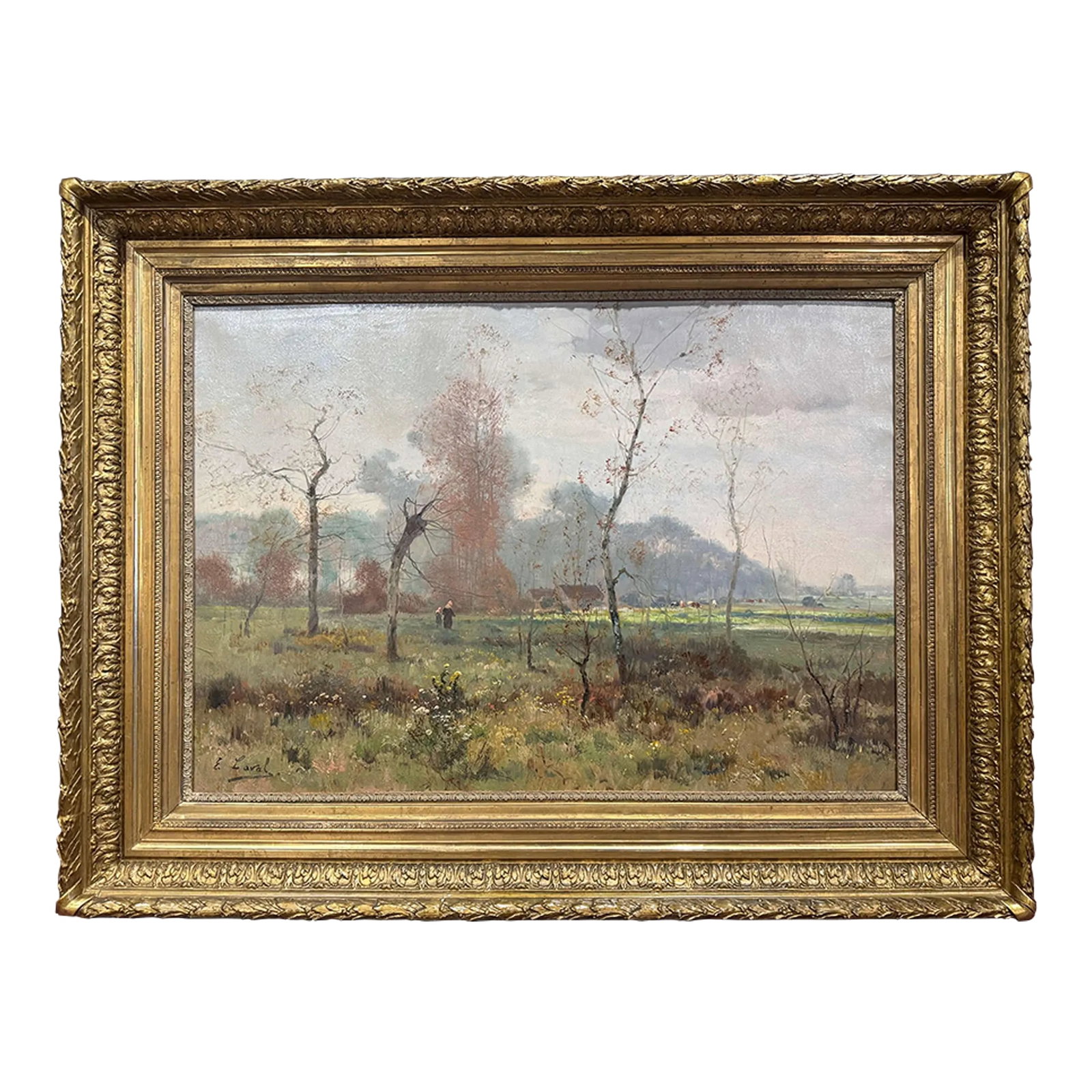 19th Century French Landscape Oil Painting in Giltwood Frame Signed E. Laval: Decorate an office or study with this large antique oil on canvas painting. Created in France circa 1890, and signed by French artist, E. Laval, the artwork is set in the original carved giltwood