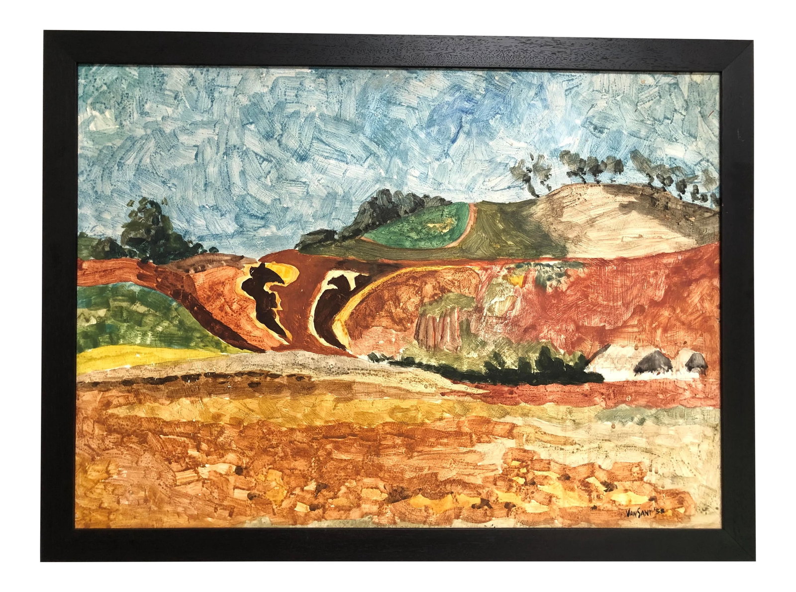 1958 Original Tom Van Sant California Landscape Painting, Signed and Dated: This rare California scene by acclaimed artist Tom Van Sant, painted in oil or gouache on board, is a true find and collector's dream. Rich washes of blue, green, rust and ochre depict the hills of