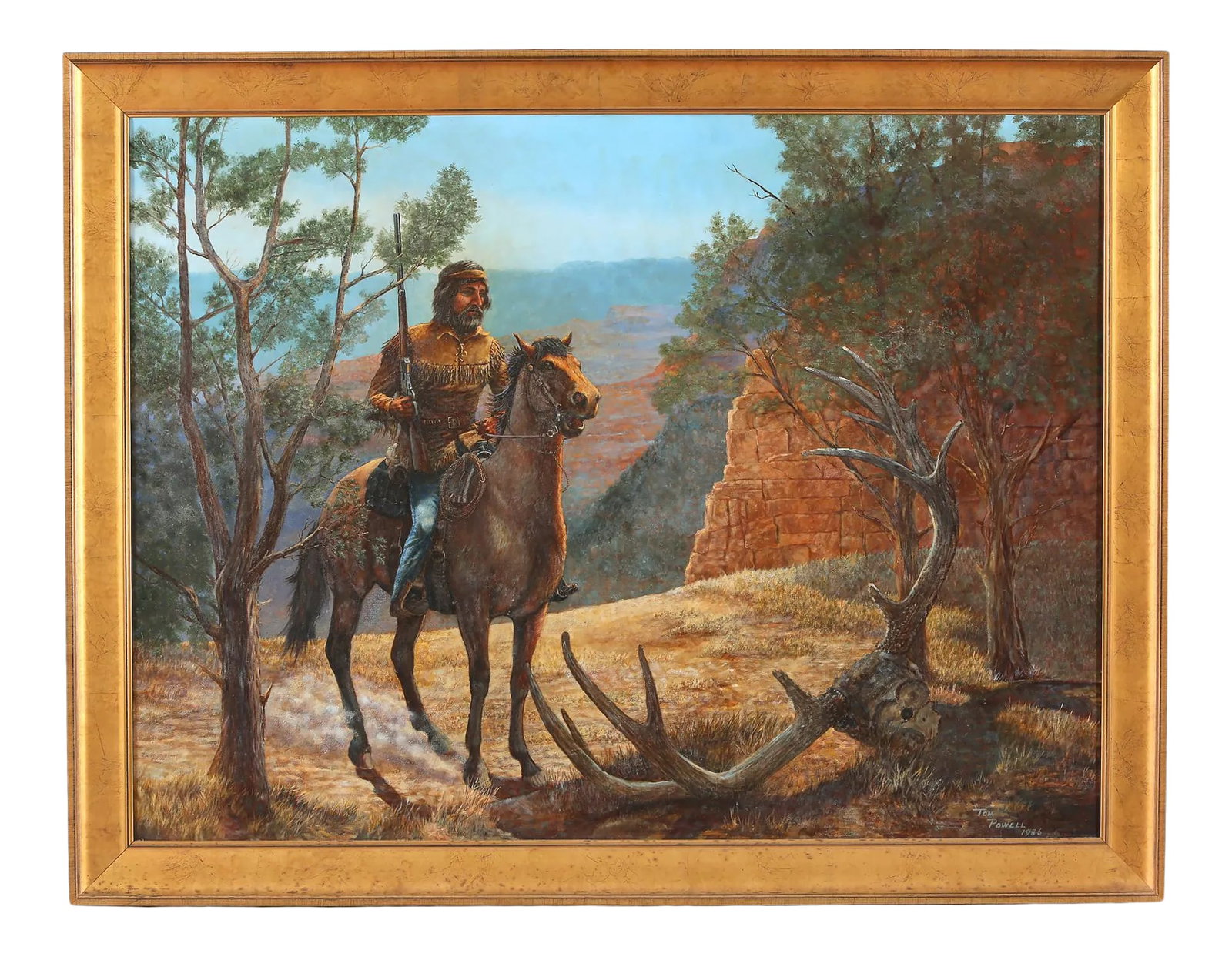 Large Wood Framed Oil / Canvas Painting .: Very large gilt wood framed oil on canvas painting . The painting is in good vintage condition . Minor wear consistent with age / use . Artist signature lower left hand corner . Frame is about 45" lon