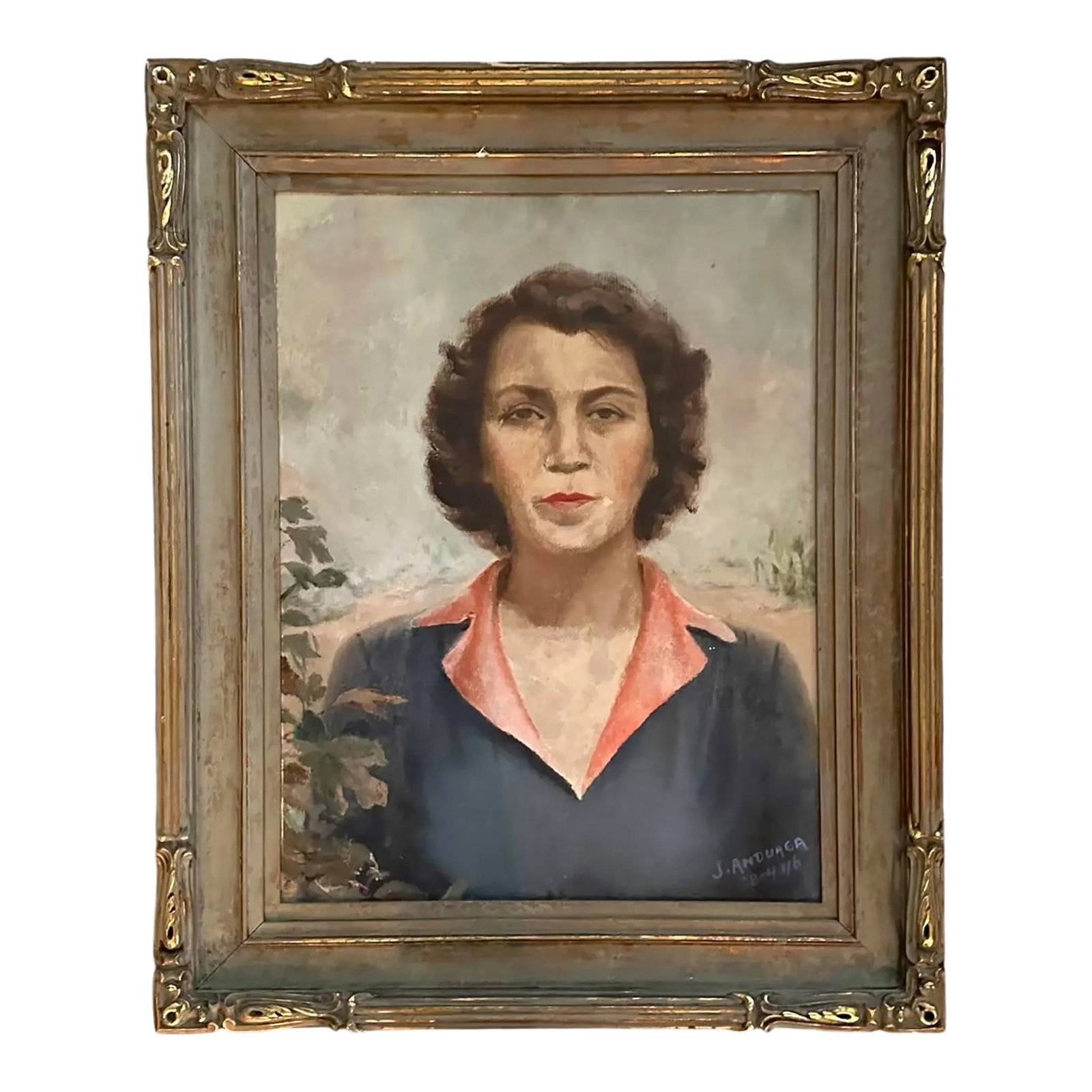 Antique Oil on Board Estate Portrait Painting of Lady / Woman in a Desert Landscape by Spanish Artis: A charming, 1940's era portrait painting by artist J. Anduaga. Features a beautiful woman with a brunette bob attired in a lovely tailored ensemble surrounded by foliage in a desert landscape scene.