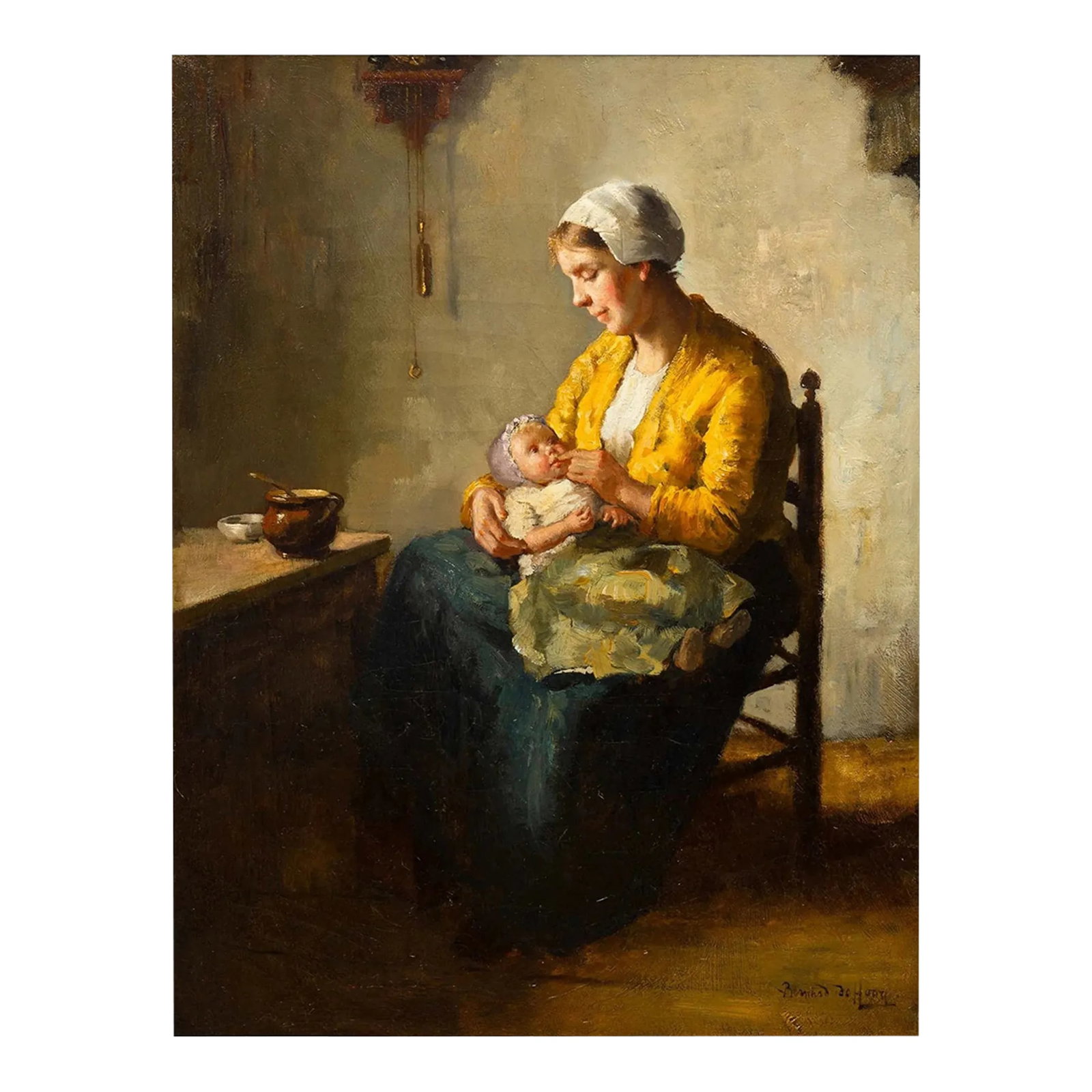 Antique Painting of Mother and Infant by Bernard De Hoog (Dutch, 1866-1943): JOHANN BERNARD DE HOOG Dutch, 1866-1943 Interior Scene of a Mother and Infant Daughter Oil on canvas | signed Bernard de Hoog lower right Item # 407QDS10A An endearing scene that captures the essence 