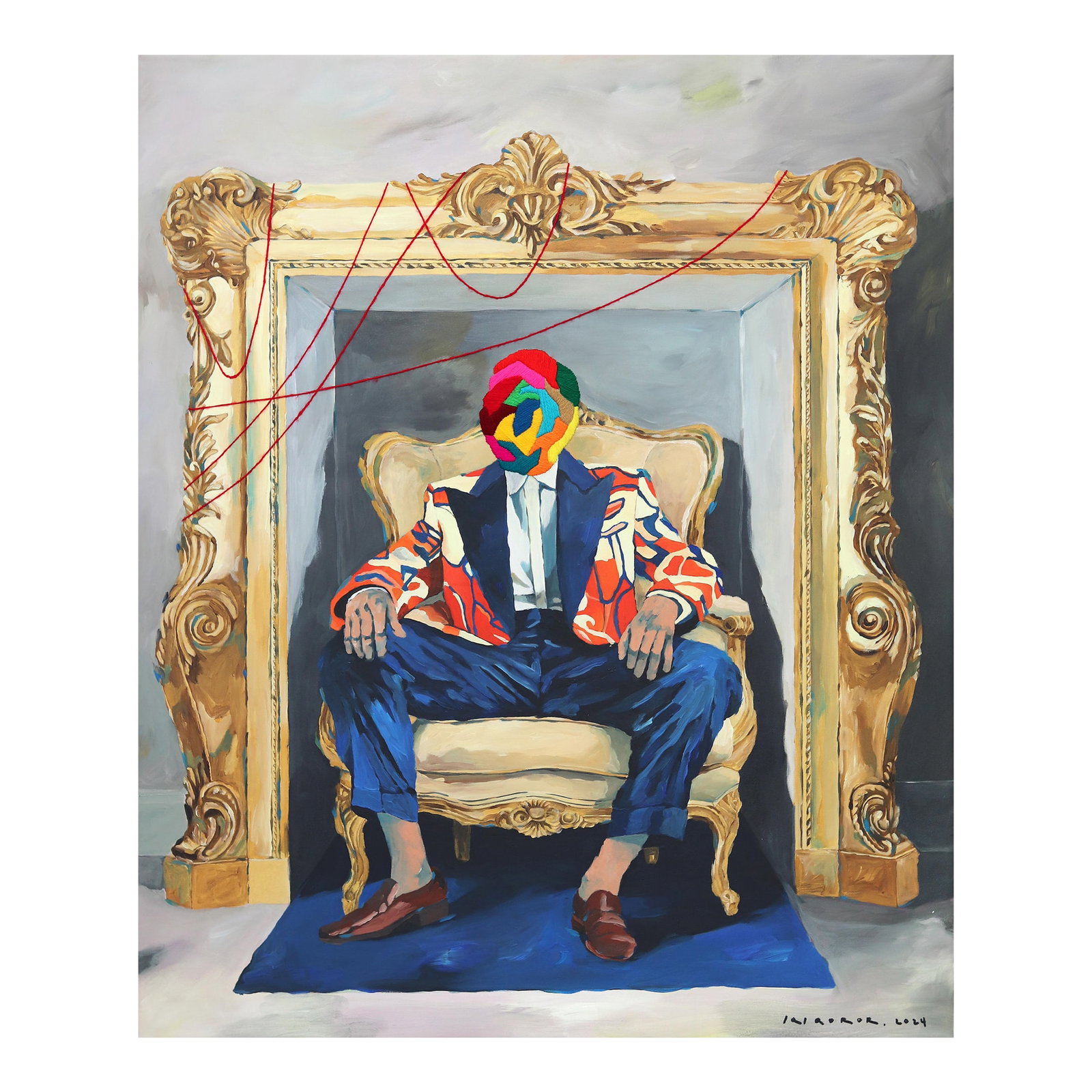 A Figure in a Frame - Figurative Surrealist Portrait Painting Original Artwork by Iqi Qoror: Iqi Qoror's surreal figurative paintings are arresting in their earthy palettes offset by pops of fluorescent textile embroidery. His artworks revolve around questions of trust, interspersed with