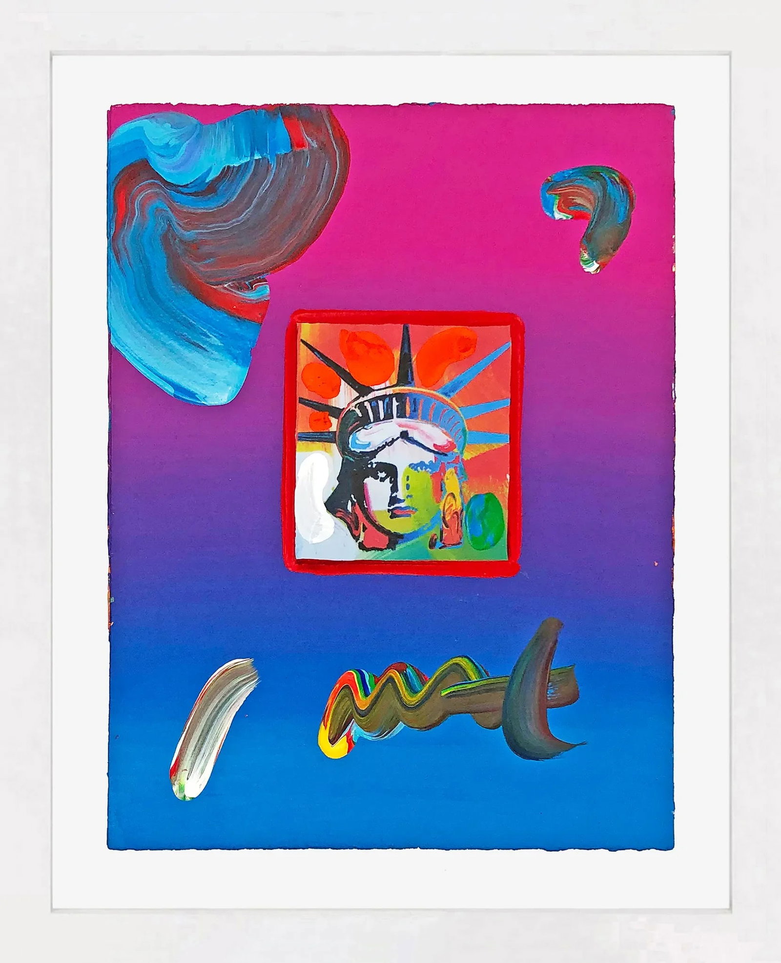 Peter Max Liberty Head (Unique Mixed Media on Paper), 2009: Mixed media with acrylic painting and color lithography on paper. Hand-signed in acrylic paint on front by Peter Max. A unique variation. Frame size 18 x 15.5 inches. Artwork size 11 x 8.5 inches. Pet