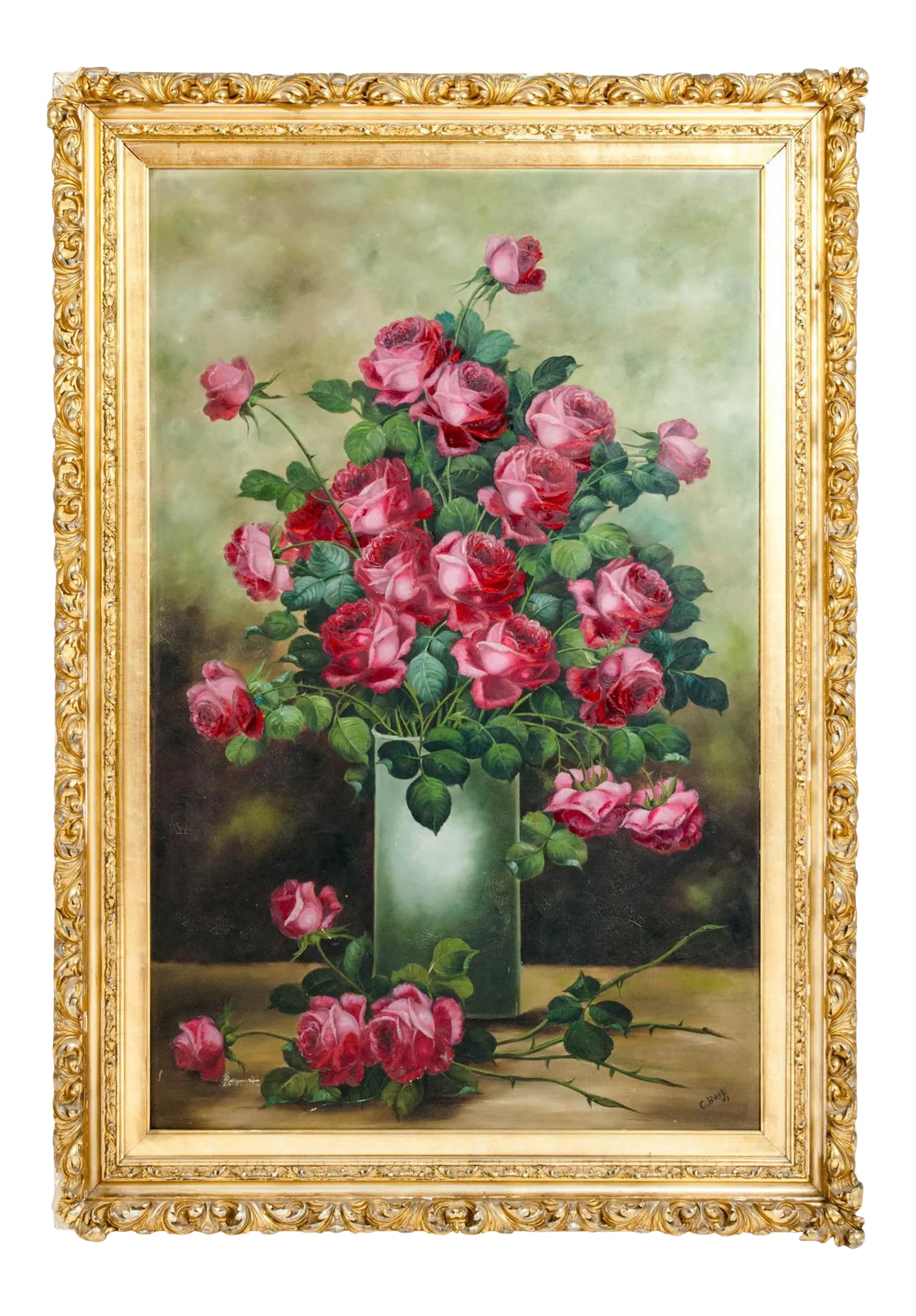 Giltwood Frame Oil / Canvas Painting: Very large giltwood frame oil / canvas painting of red roses bouquet . The oil / canvas is in great antique condition . Minor wear & small Craquelure tear on the lower hand corner appropriate with