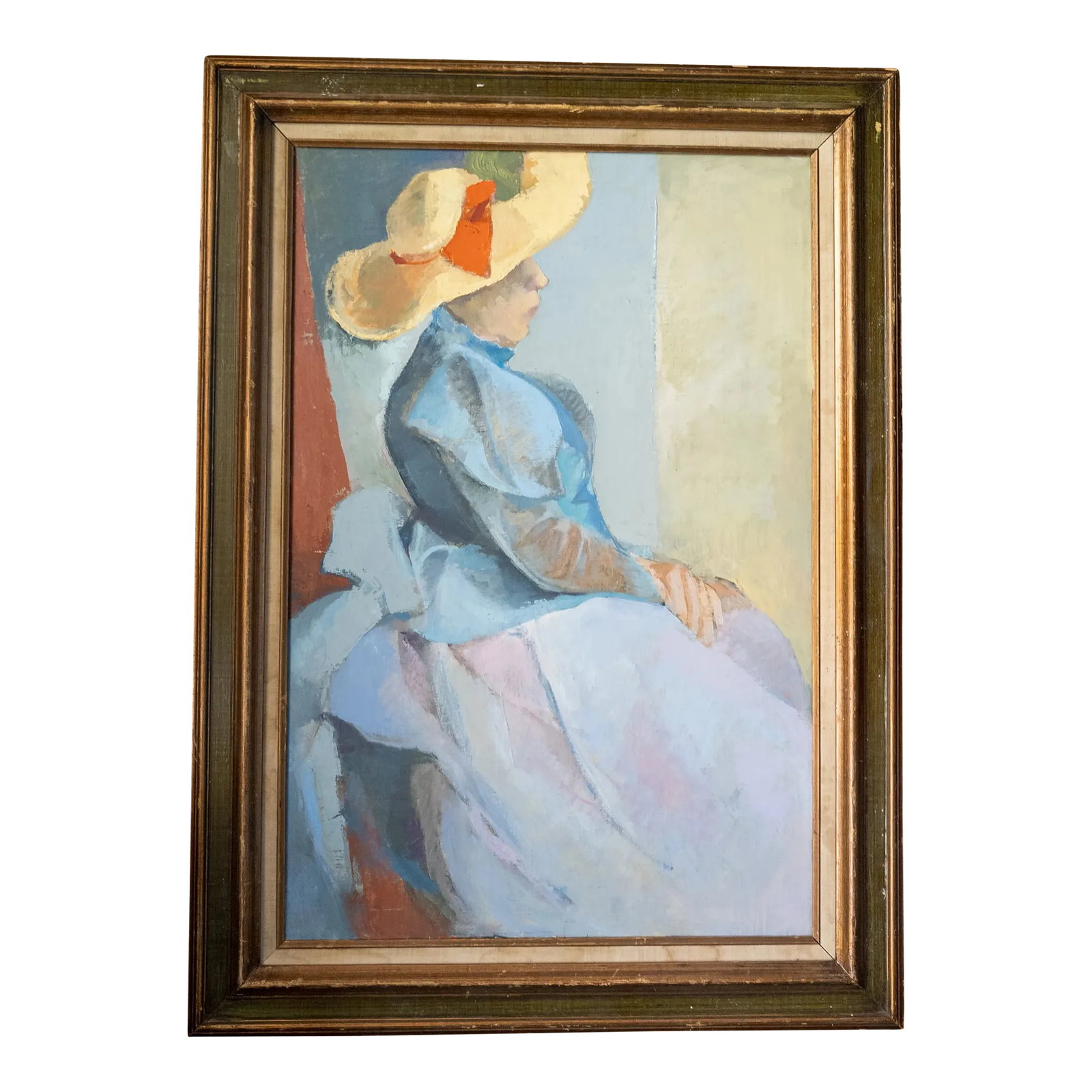 Mid-Century Modern American Impressionist Cubist Portrait of a Lady: We are selling this stunning Mid-Century modern oil painting. This painting features a profile portrait of a lady in a large puffy dress wearing a large hat. The painting is executed in a brilliant so