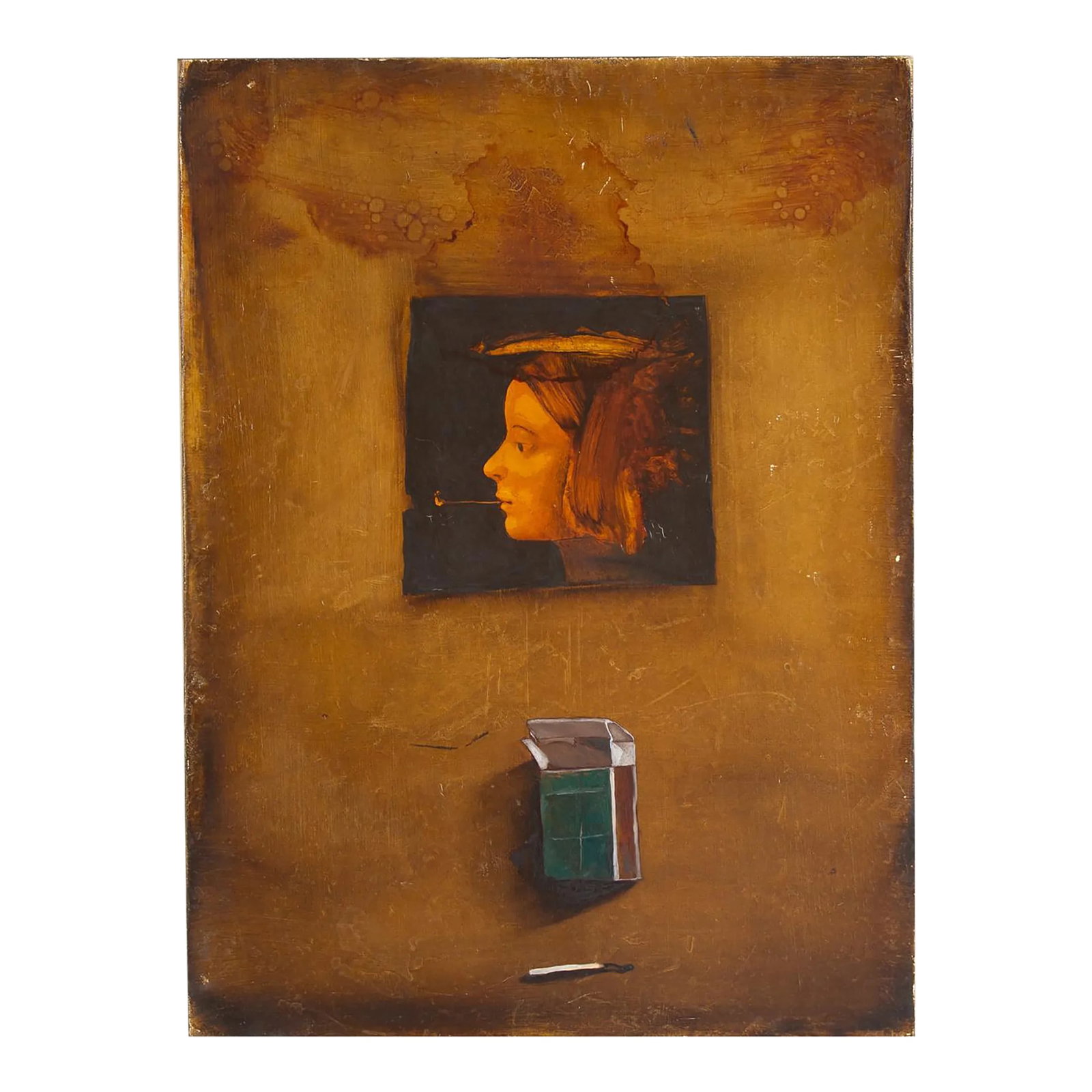Trompe L'Oeil Oil on Canvas Painting by Yacov Feldman: A trompe l'oiel oil on canvas painting by the Russian-Israeli artist Yacov Feldman (born 1969). This painting depicts a square profile portrait of a young woman above a matchbox and match on a deep