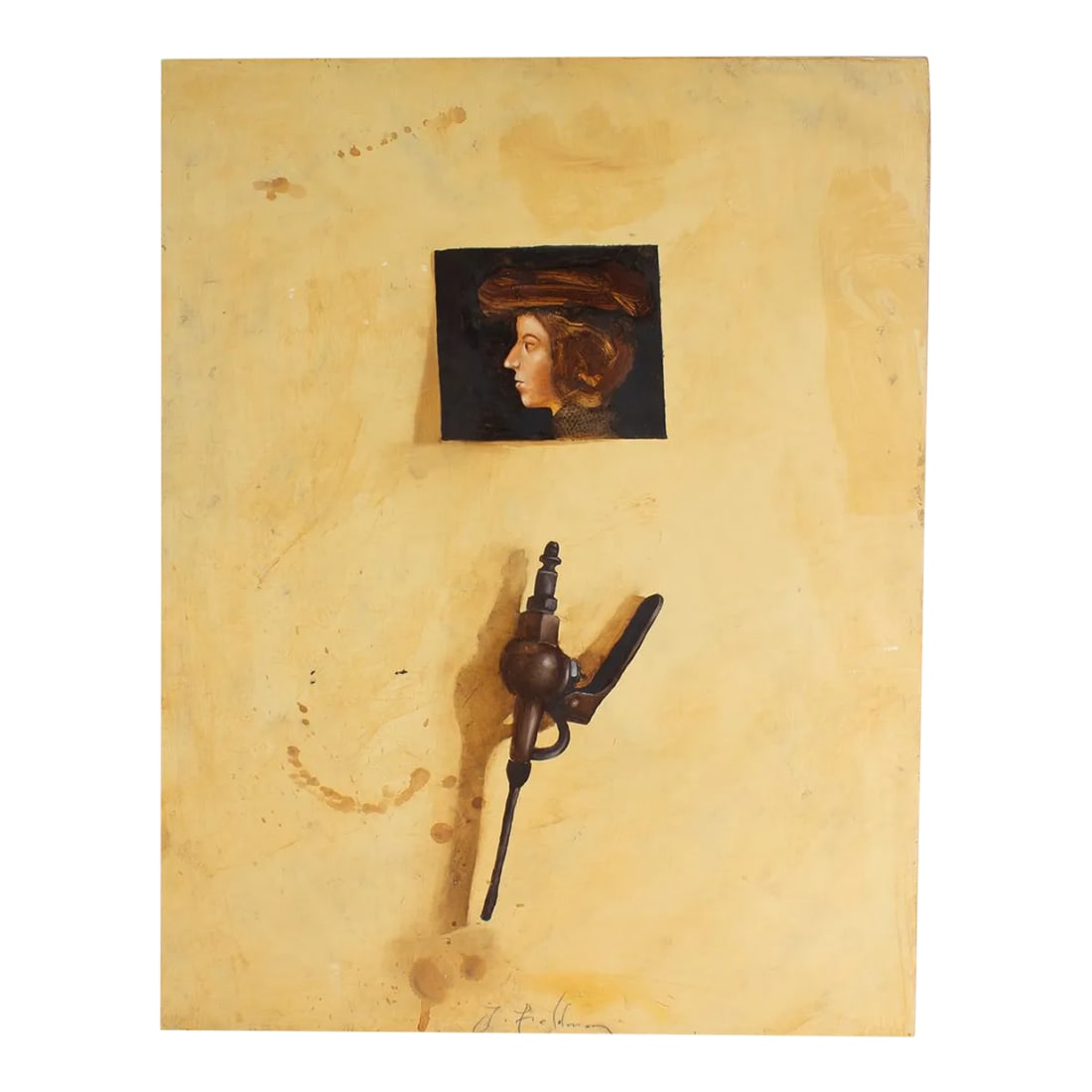 Trompe L'Oeil Oil on Canvas Painting by Yacov Feldman: A trompe l'oeil oil on canvas painting by the Russian-Israel artist Yacov Feldman (born 1969). This painting depicts a small profile of a young gentleman above an old metal tool set against a manila