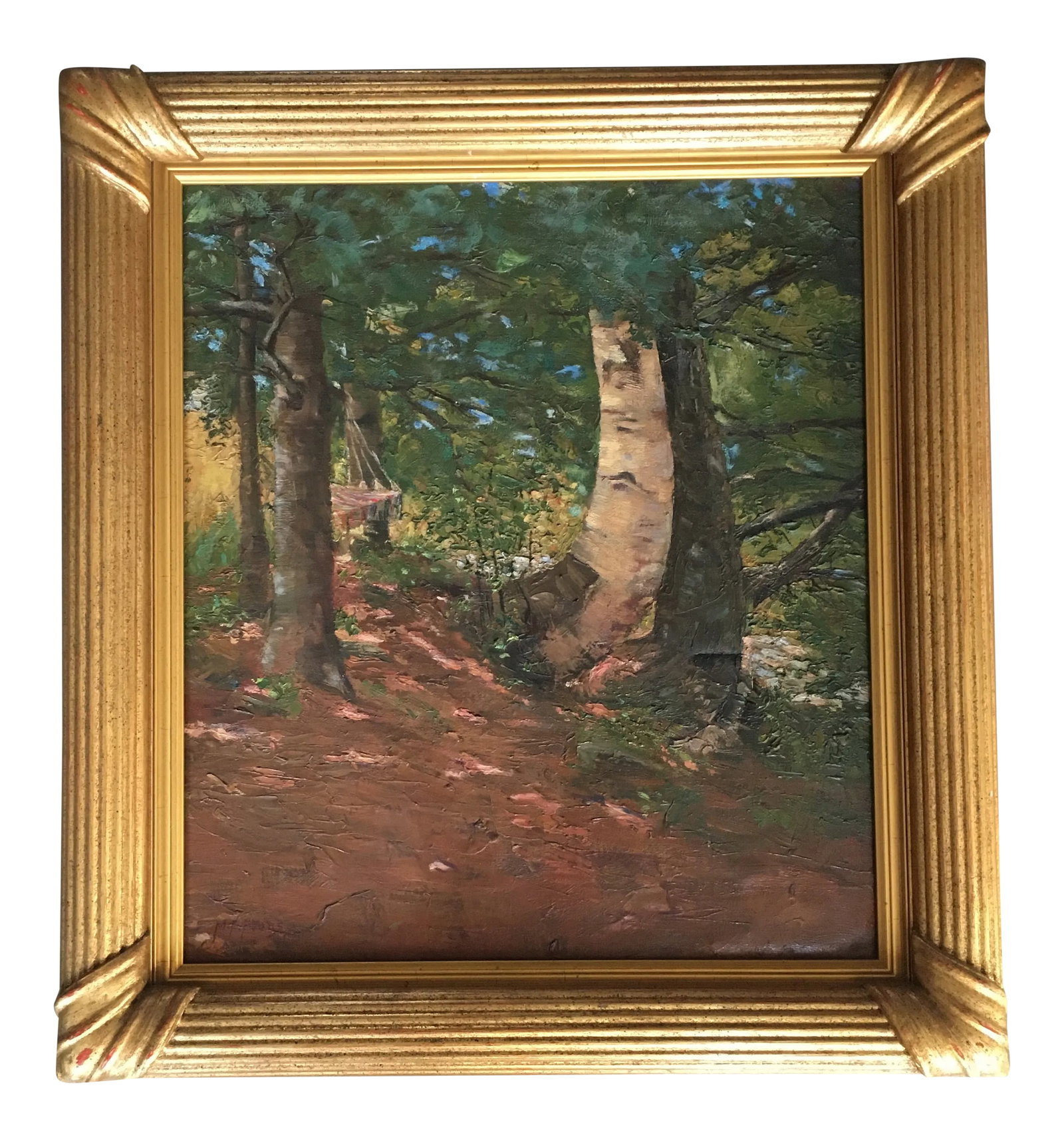 Hammock Between the Trees, by Listed Artist M. E. Evans: This is a charming painting by M. Eleanor Evans (born 1879-1962) that I have had hanging in my house for many years. Not a lot is known about her, but what I do know is she lived and studied in New