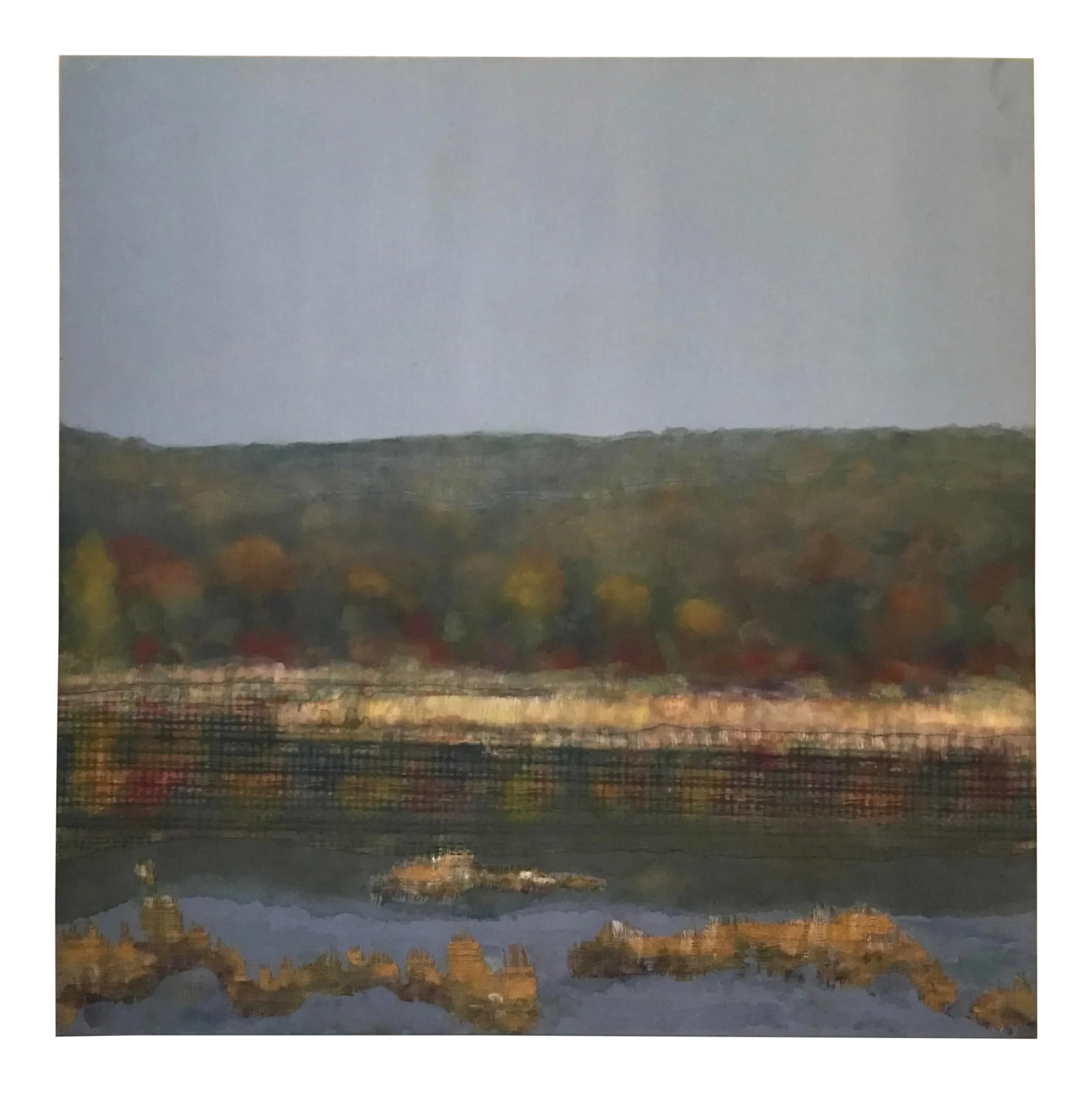 "combines Autumn Wetlands" Oil and Collage on Canvas Mounted on Board .: Beautiful , soft and serine oil and collage landscape by Broderick Price Born 1945 ,Miami Beach, FL. Studied at Academia di belli Arti - Rome IT. Graduated sHfbK with bfa in sculpture & painting-