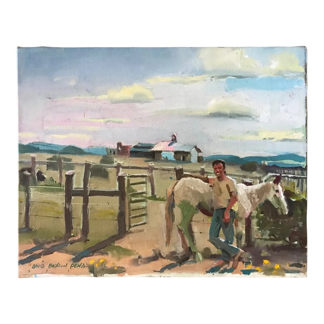 Cowboy and His Horse, About to Saddle Up for a Trail Ride Oil Painting: This original signed and dated David Beynon Pena oil painting shows a cowboy leaning on his horse, about to go out on a trail ride. There's a ranch house and barn in the distance with big sky