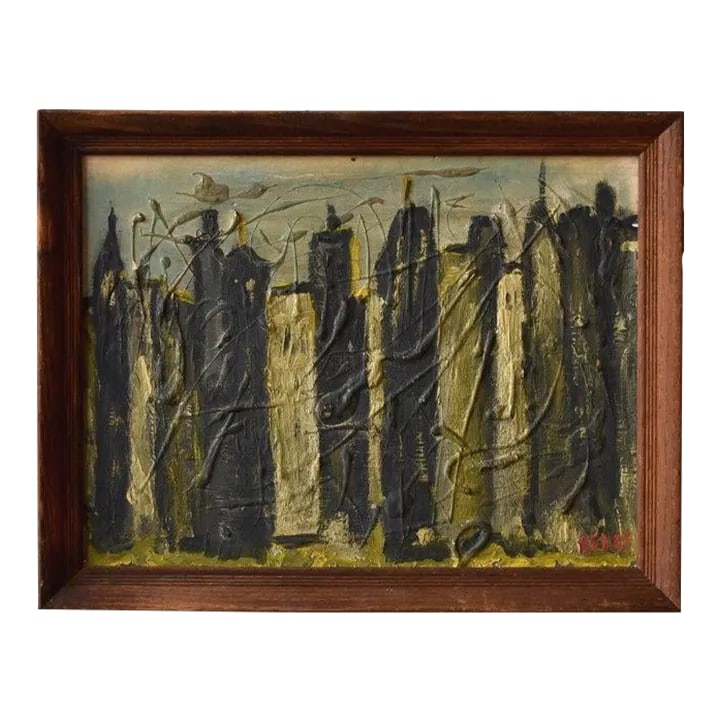 Vintage Mid-Century Abstract Acrylic on Board Cityscape, Signed Andre, Circa 1950s: Vintage Mid-Century Abstract Acrylic on Board Cityscape, Signed Andre, Circa 1950s. Abstract cityscape centered on a row of densely packed skyscrapers. A sense of rapid movement is given to the piece