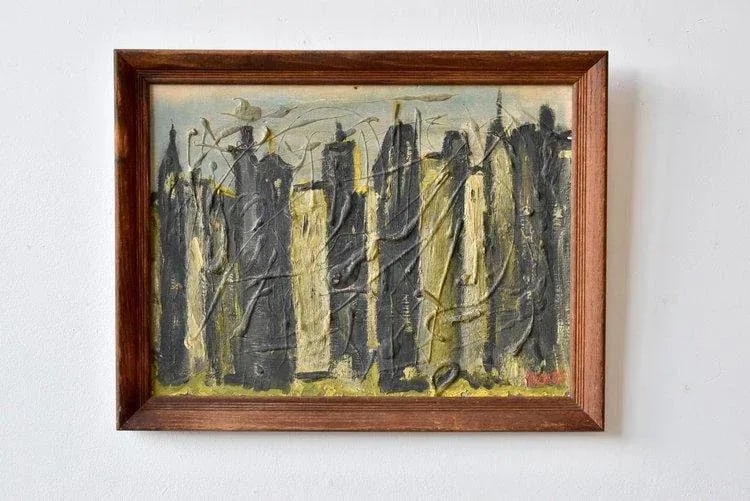 Vintage Mid-Century Abstract Acrylic on Board Cityscape, Signed Andre, Circa 1950s - 2