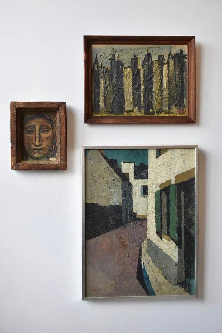 Vintage Mid-Century Abstract Acrylic on Board Cityscape, Signed Andre, Circa 1950s - 3