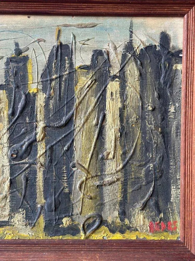 Vintage Mid-Century Abstract Acrylic on Board Cityscape, Signed Andre, Circa 1950s - 5