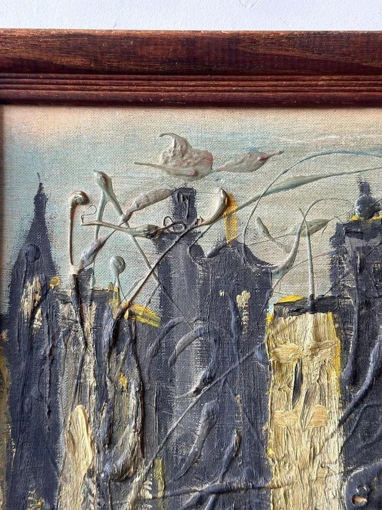 Vintage Mid-Century Abstract Acrylic on Board Cityscape, Signed Andre, Circa 1950s - 8